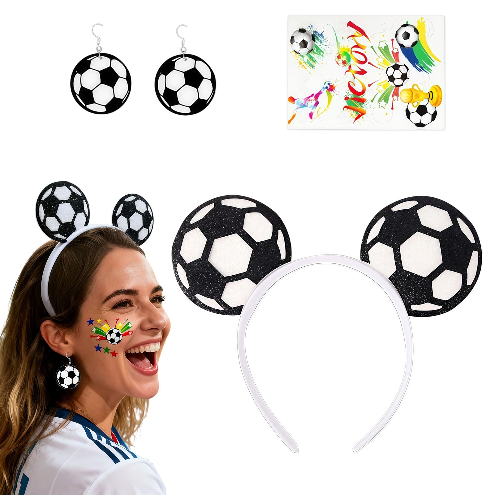 Tastetreasure 3 Pcs Soccer Party Accessories Set, World Cup Football Fan Headband, Soccer Ball Dangle Earrings & Victory Temporary Tattoos for Game Day Costumes, Sports Cheering Props for Girls