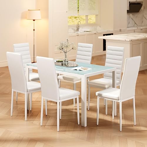 Miniatura 9 de Juego de mesa de comedor de cocina Bealife para 6, juego de mesa y sillas de 7 piezas de vidrio templado moderno para el hogar, cocina, sala de