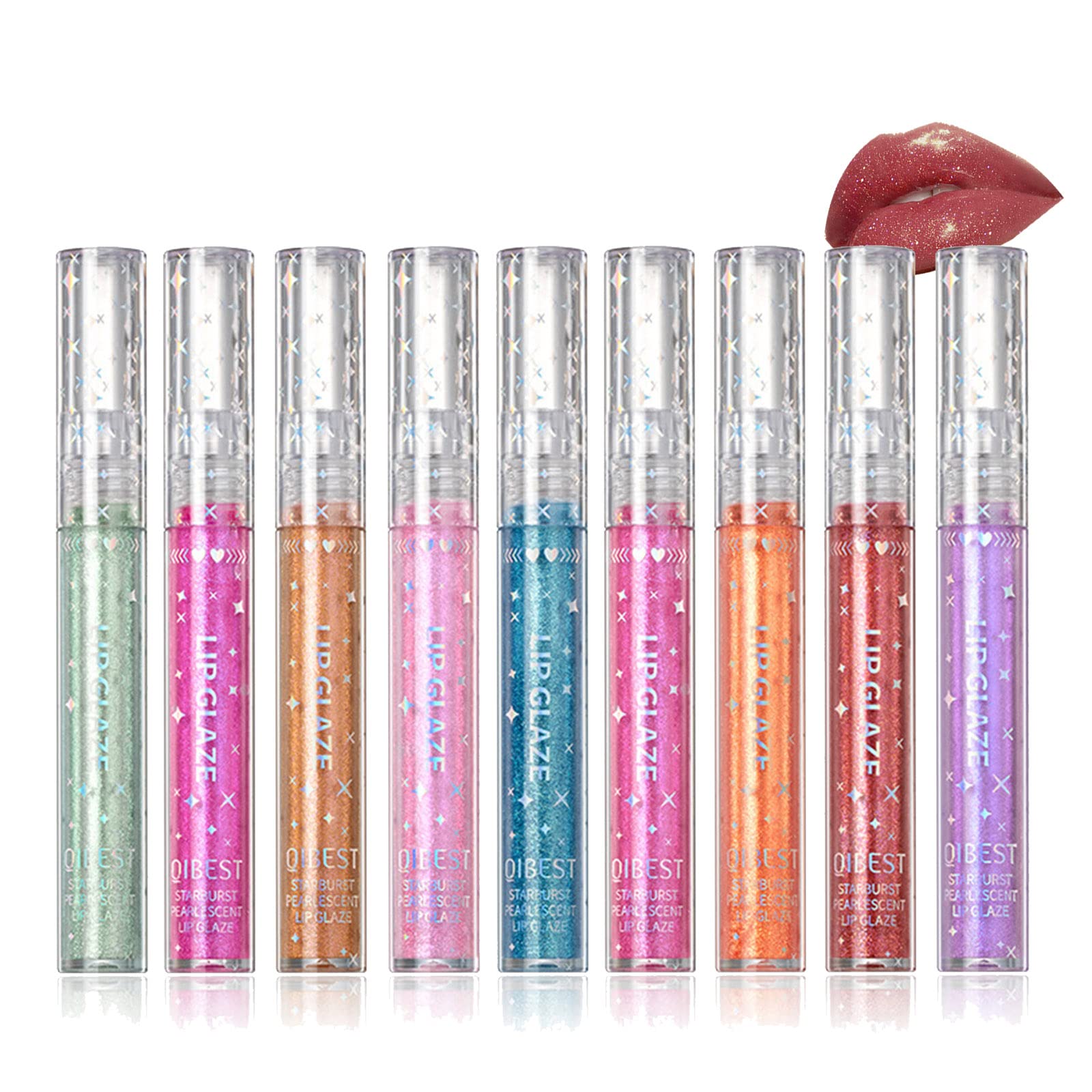 9 colores metalizado brillo labial de larga duración, RoseFlower Brillos de labios con purpurina nude, impermeable, fuerte pigmentado, no se pega, copa de diamante brillante, lápiz labial líquido
