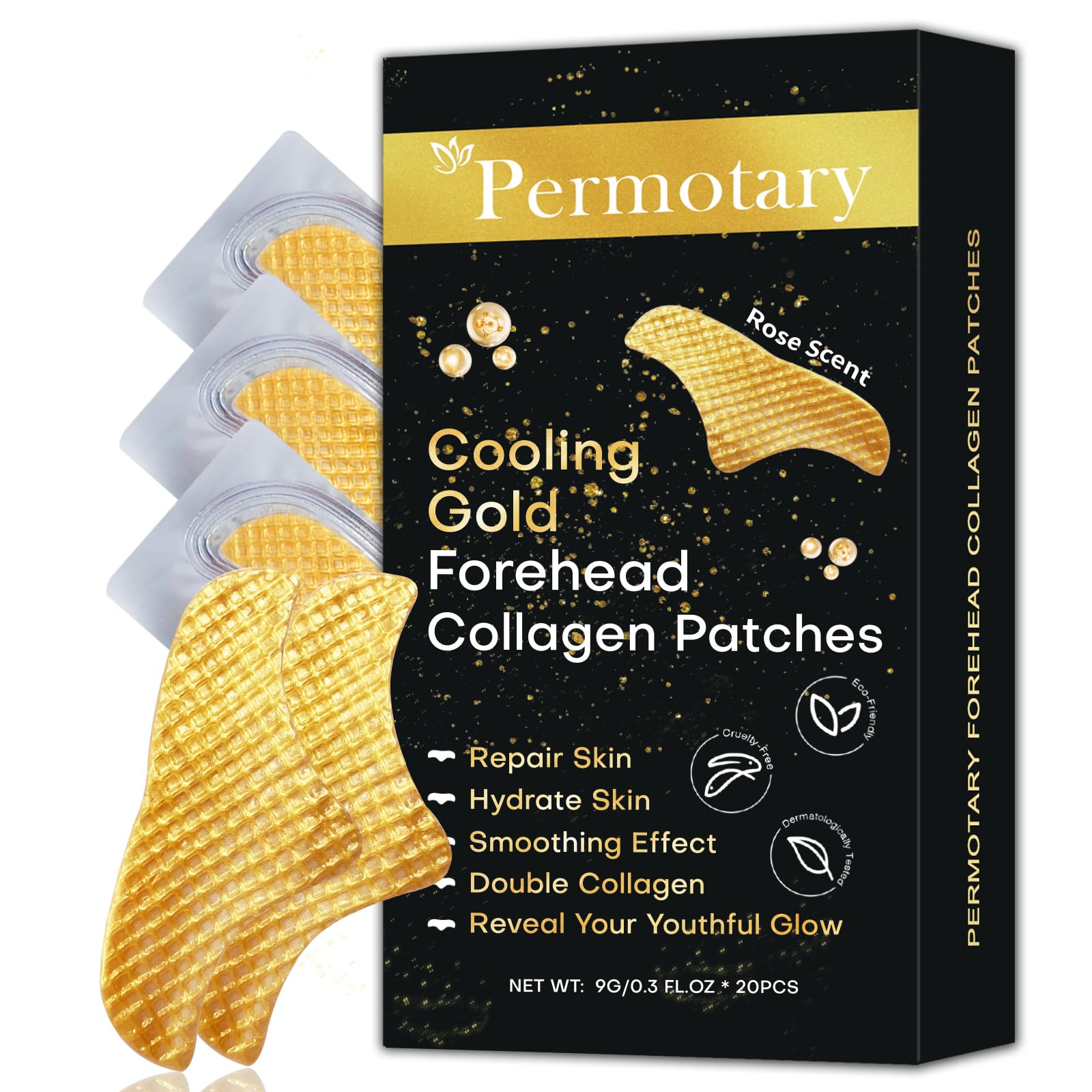 24K Gold Stirnfaltenpflaster für Gesicht, Hydrogel-Pads mit hydrolysiertem Kollagen und Vitamin E, Stirnfalten, Pflege für Streifen, feuchtigkeitsspendend, 20 Stück
