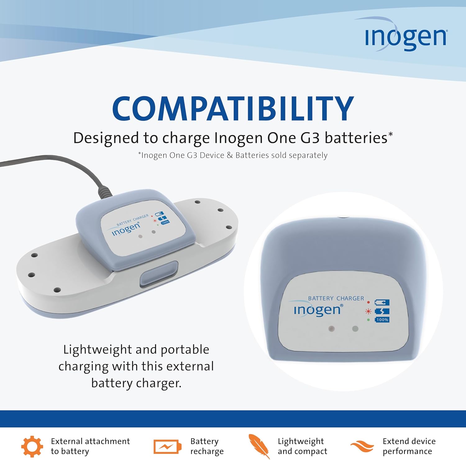 Inogen One G3 External Battery Charger with a battery inserted