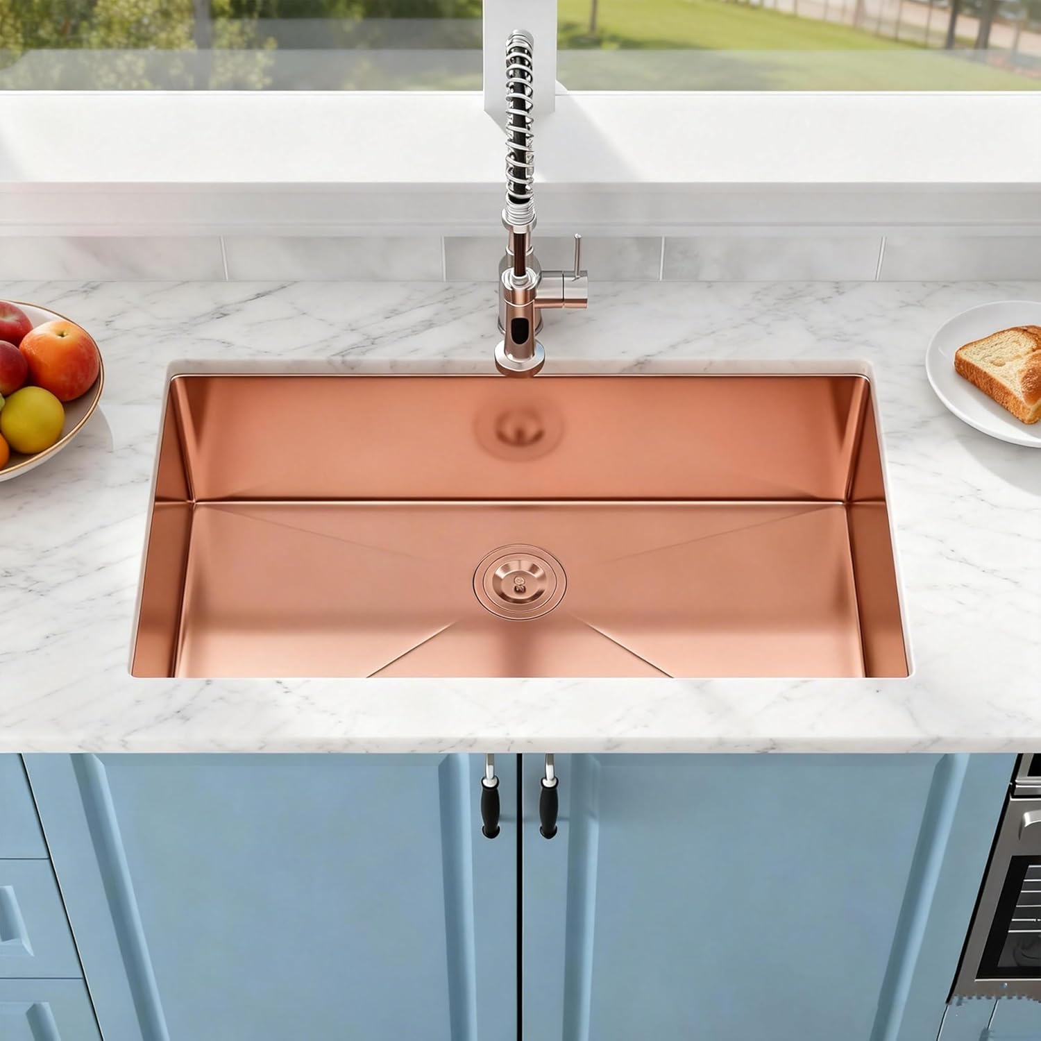 32 Inch Rose Gold Kitchen Sink, 32 x 19 Inch Undermount Kitchen Sink Single Bowl, 16 Gauge Stainless Steel Sinks with Strainer, 32" x 19" x 10"
