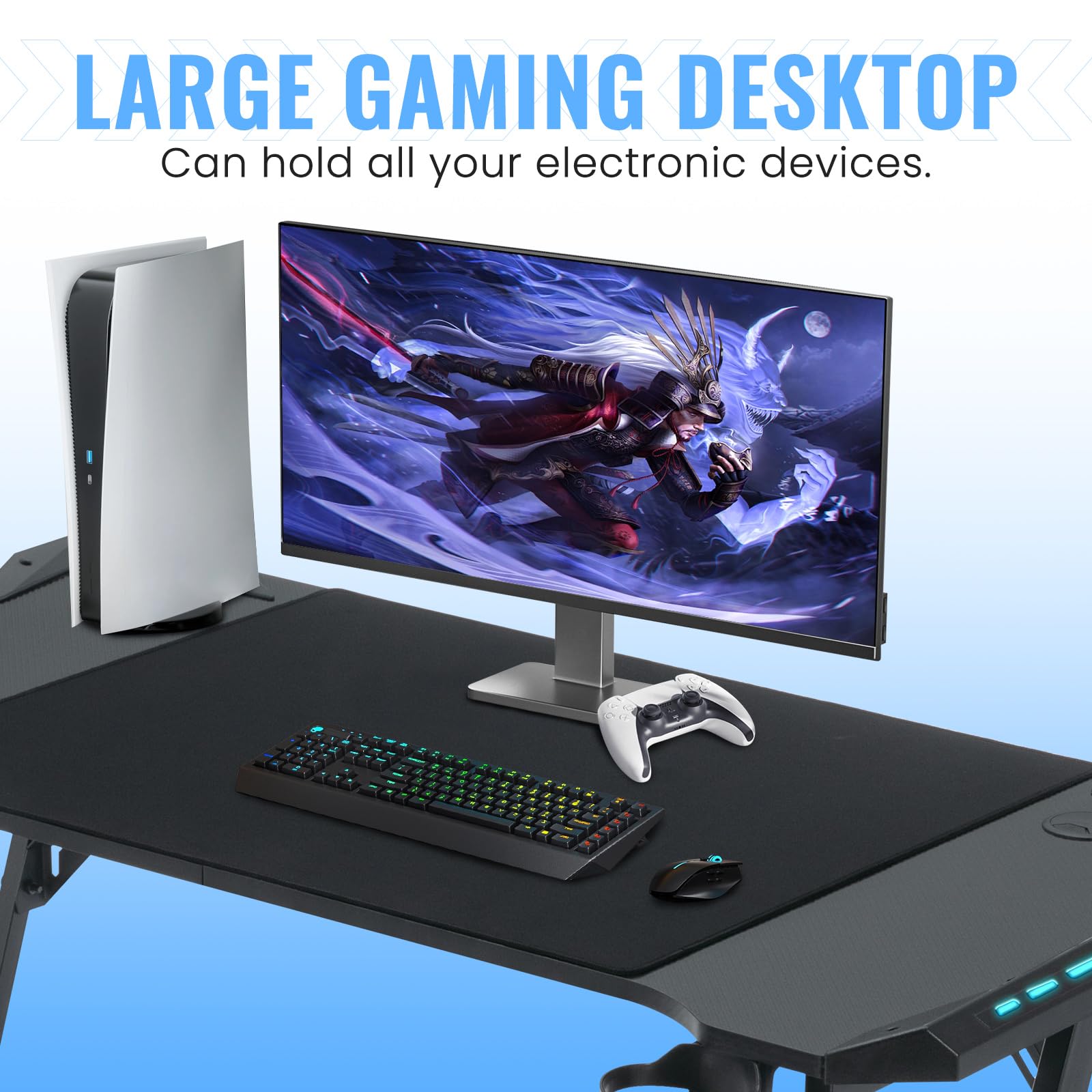 Escritorio Gaming con LED 120×60 cm, Escritorio Gamer con Gestión de Cables, Mesa Gaming con Portavasos y Soporte para Auriculares-en Forma de Z, Escritorio Ordenador de Fibra de Carbono Ergonomicas
