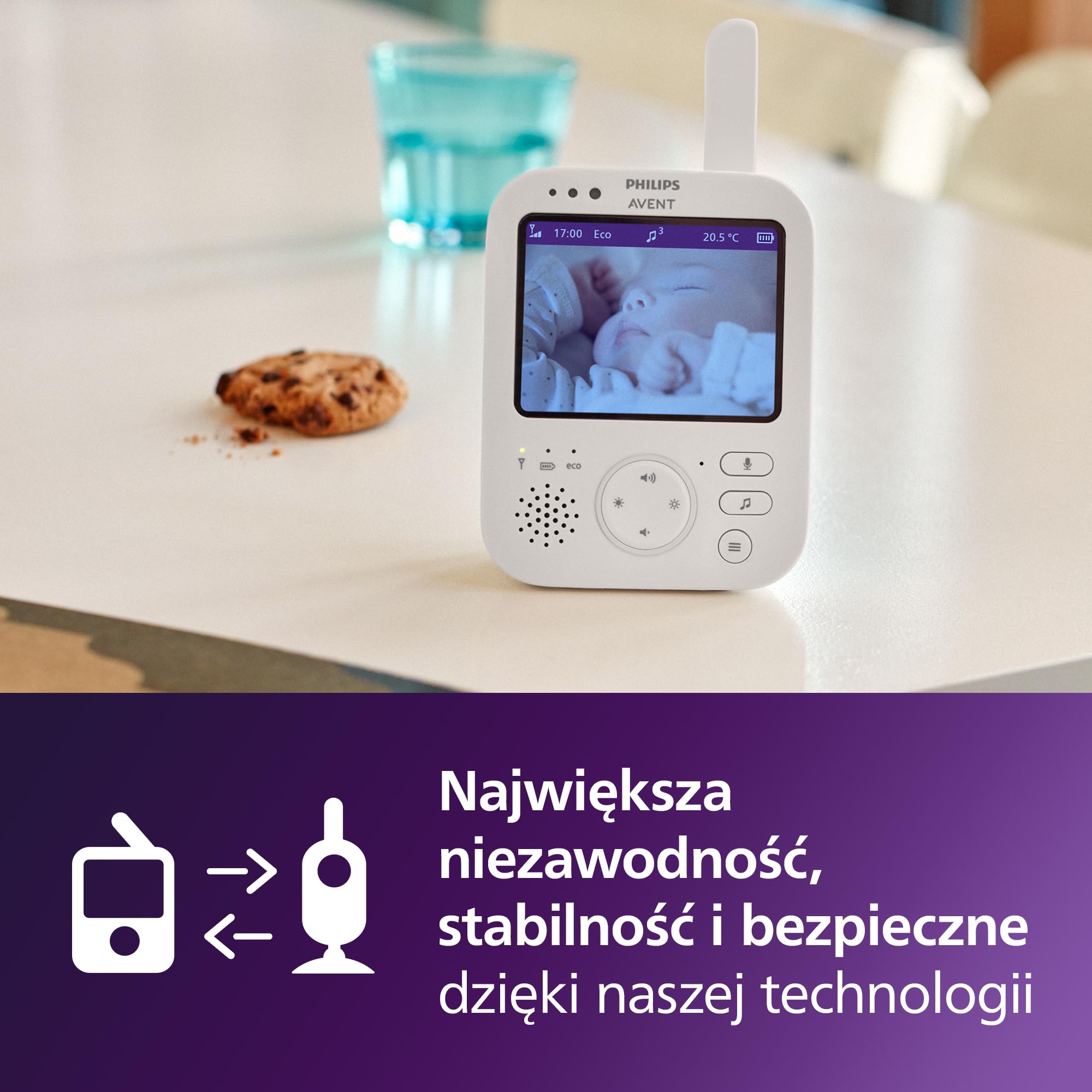 Niania Video Philips Avent Premium z obrazem i dźwiękiem, Certyfikat DEKRA, biała, wyświetlacz 3,5″, 4x powiększenie, tryb noktowizyjny, 2-kierunkowy dźwięk, kołysanki, temperatura, SCD891/26