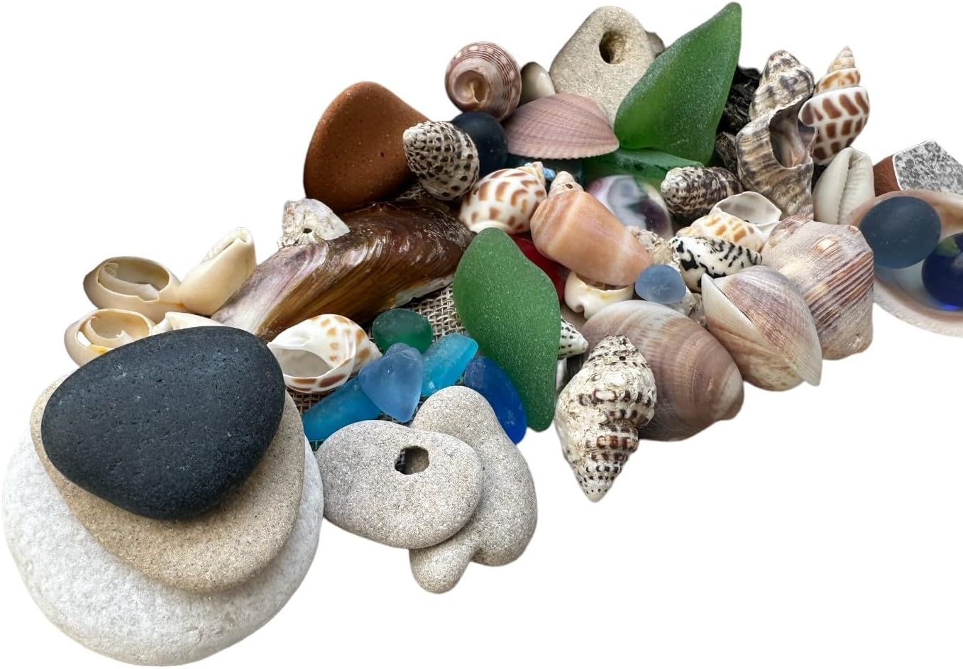 Natural Beachcombing Finds: Shells, Sea Glass and Marbles, Hag Stones, Pottery and Driftwood - Ideal for Feng Shui, Aquarium, Home Decor and Terrariums - 0.5 lb