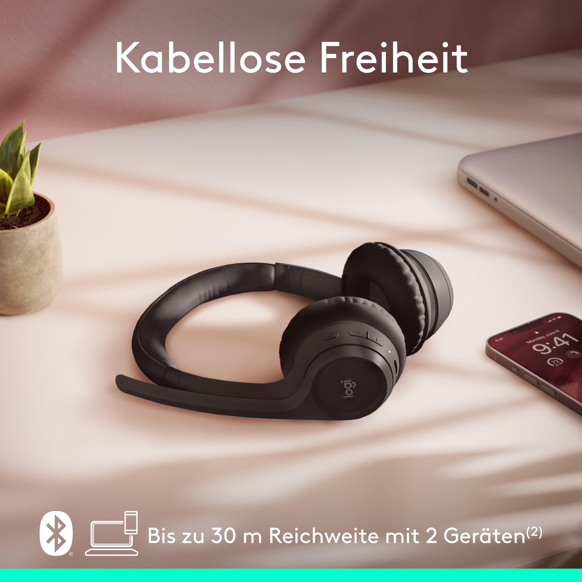 Logitech Zone 300 Wireless Bluetooth Headset mit Mikrofon inkl. Geräuschunterdrückung, kompatibel mit Windows, Mac, Chrome, Linux, iOS, iPadOS, Android - Schwarz