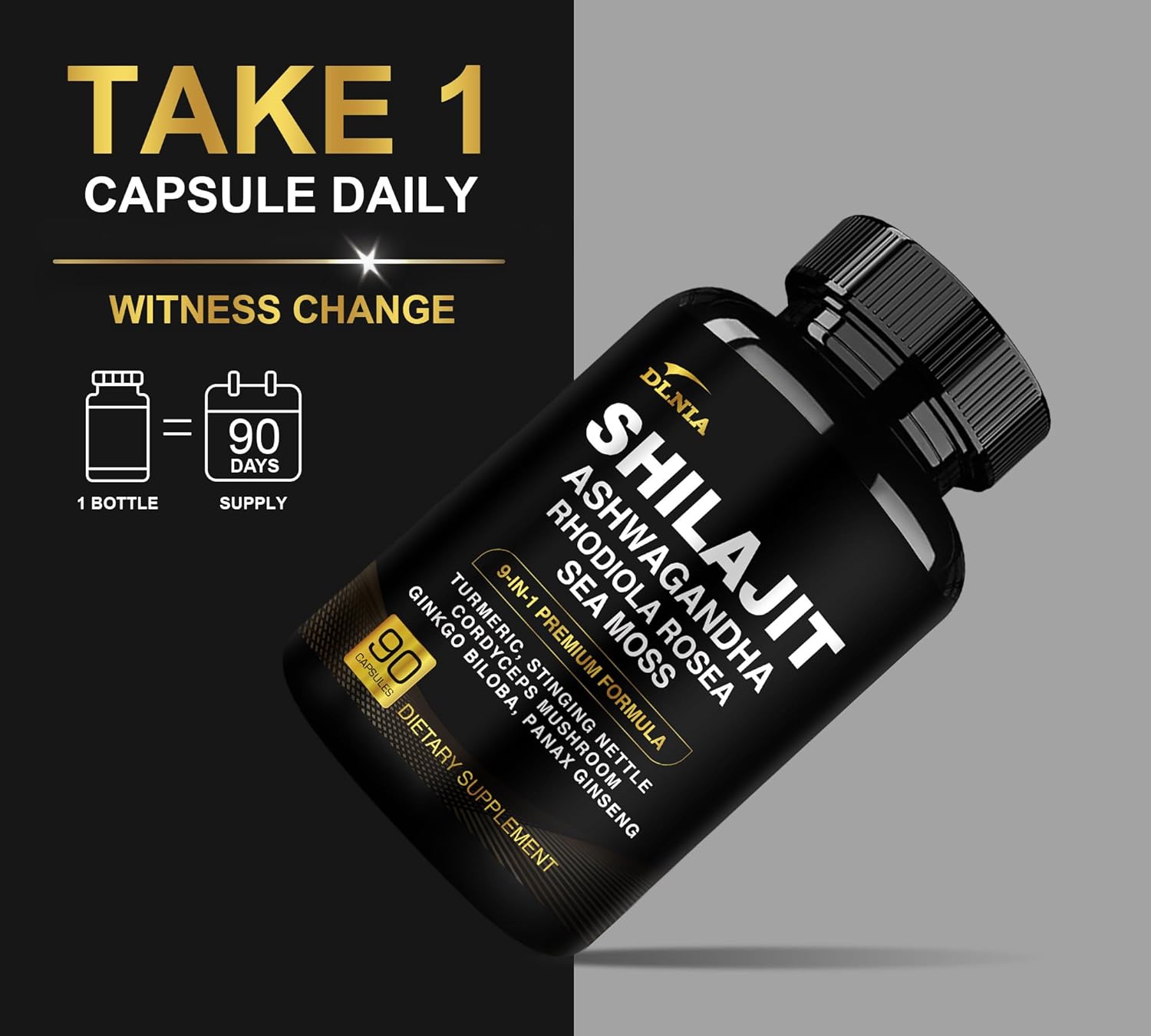 DLNIA Shilajit 9-in-1 Capsules – Organic Himalayan Complex with Ashwagandha, Sea Moss, Turmeric & More – Vegan, Lab-Tested, Immune & Energy Support for Men & Women – 90 Capsules