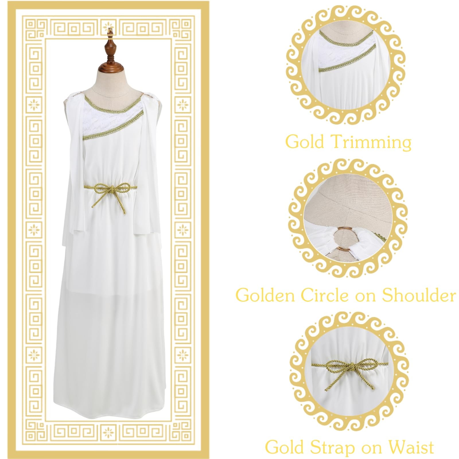 maxToonrain Ancient Greek Goddess Girls Costume 2 PCS Kids Roman Sleeveless Costume with Golden Browband for World Book Day Christmas Halloween (Medium,120 CM) - Image 4