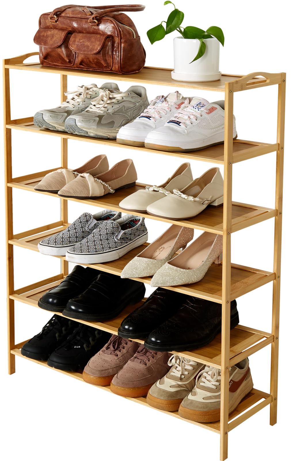 KJDFHNB 6 Tier Bamboo Shoe Rack for Closet, Free Standing Shoe Racks, Stackable Shoes Rack Organizer, Bamboo Wood Shoe Rack for Entryway and Closet Hallway (27.5