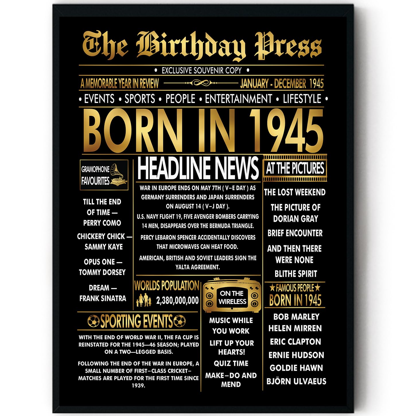 Stuff4 Men's 1945 Gold 81St Birthday Poster Framed - Golden Born In Newspaper - Happy 81 Birthday For Wo Retro Vintage Gifts Back In 8X10 Inch Bday Party Decor Decoration