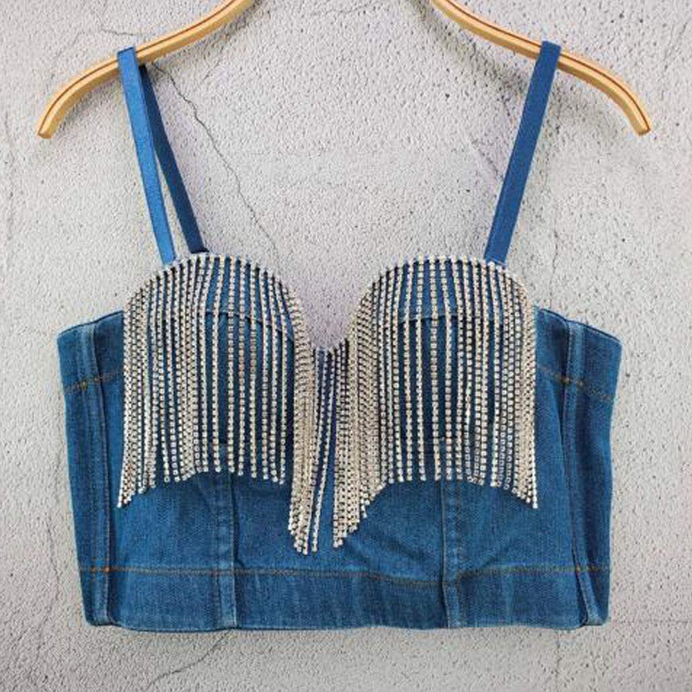 Denim Corset Bustiers en Maille de Diamant pour Femme avec Bretelles Amovibles