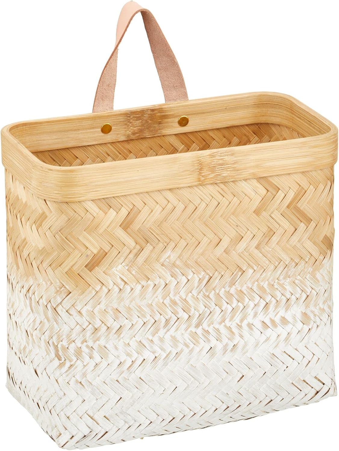 mDesign Woven Ombre Bamboo Hanging Wall Storage Basket for Flowers & Essentials, Decorative Boho Mounted Organizer for Pantry, Closet, Bathroom, and Cabinet/Entryway Doors - Natural/White