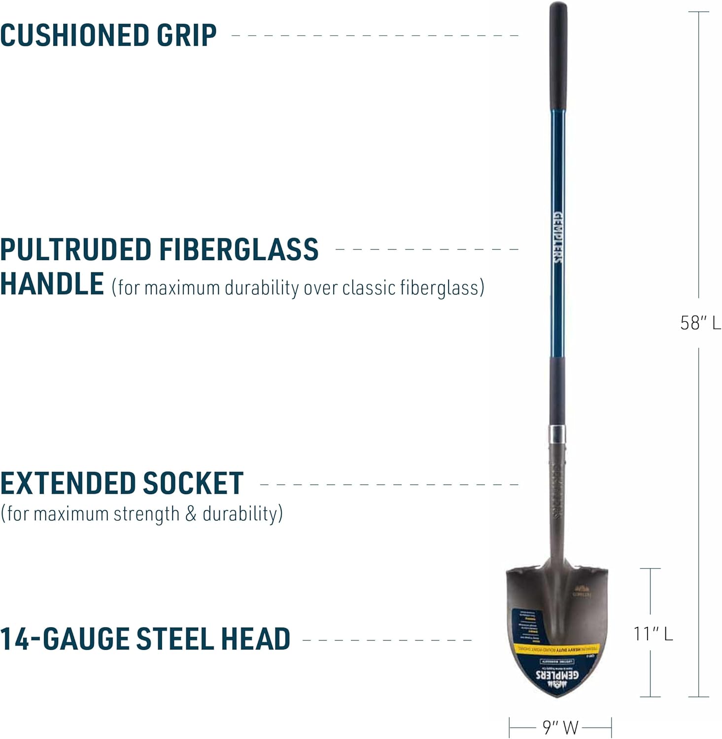 Gemplers Commercial Grade Round Point Shovel with Extended Socket (Fiberglass Handle, Measures 58" L Overall)