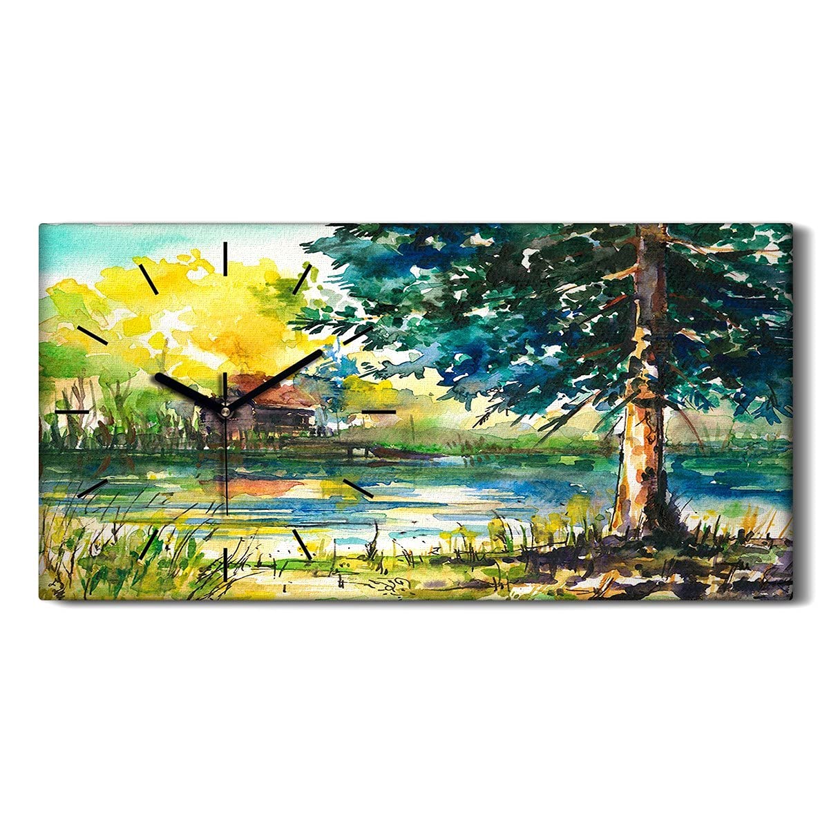 Horloge sur Toile Coloray Salon et Chambre - Décoration Art Mural Paysage Village d'arbre et Eau