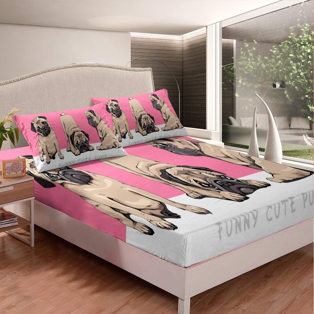 Set Biancheria Da Letto 7 Pezzi Per Bambini – Bulldog Francese Rosa 3D – Piumone 173x218 Cm, Lenzuola E Federe - 3