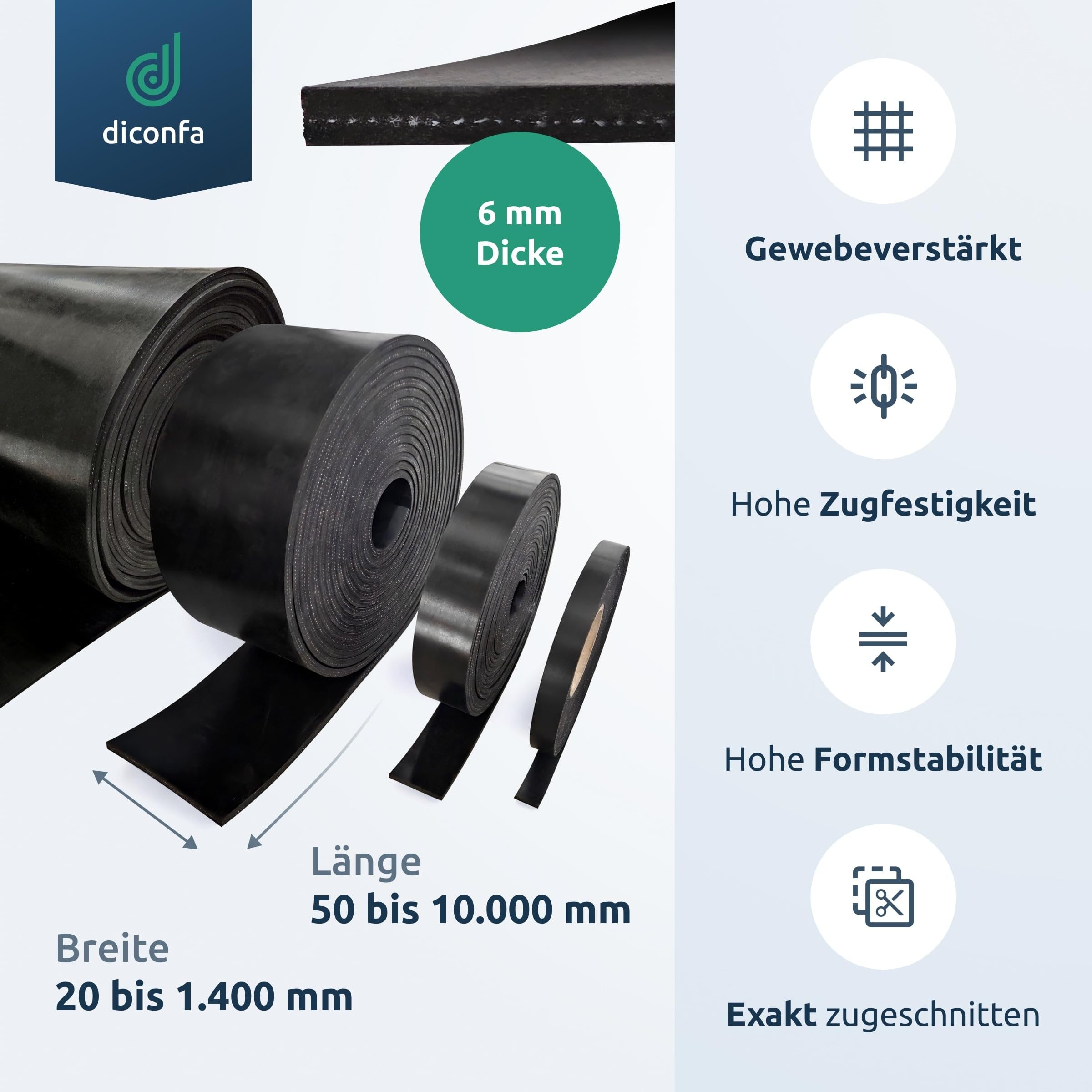 diconfa rotoli di gomma con uno inserto in tessuto SPESSORE 6mm - LARGHEZZA da 20 mm a 1400 mm - LUNGHEZZA da 0,05 m a 10 m - SELEZIONE: 120 mm x 6000 mm x 6 mm - robusto resistente Tappetino SBR