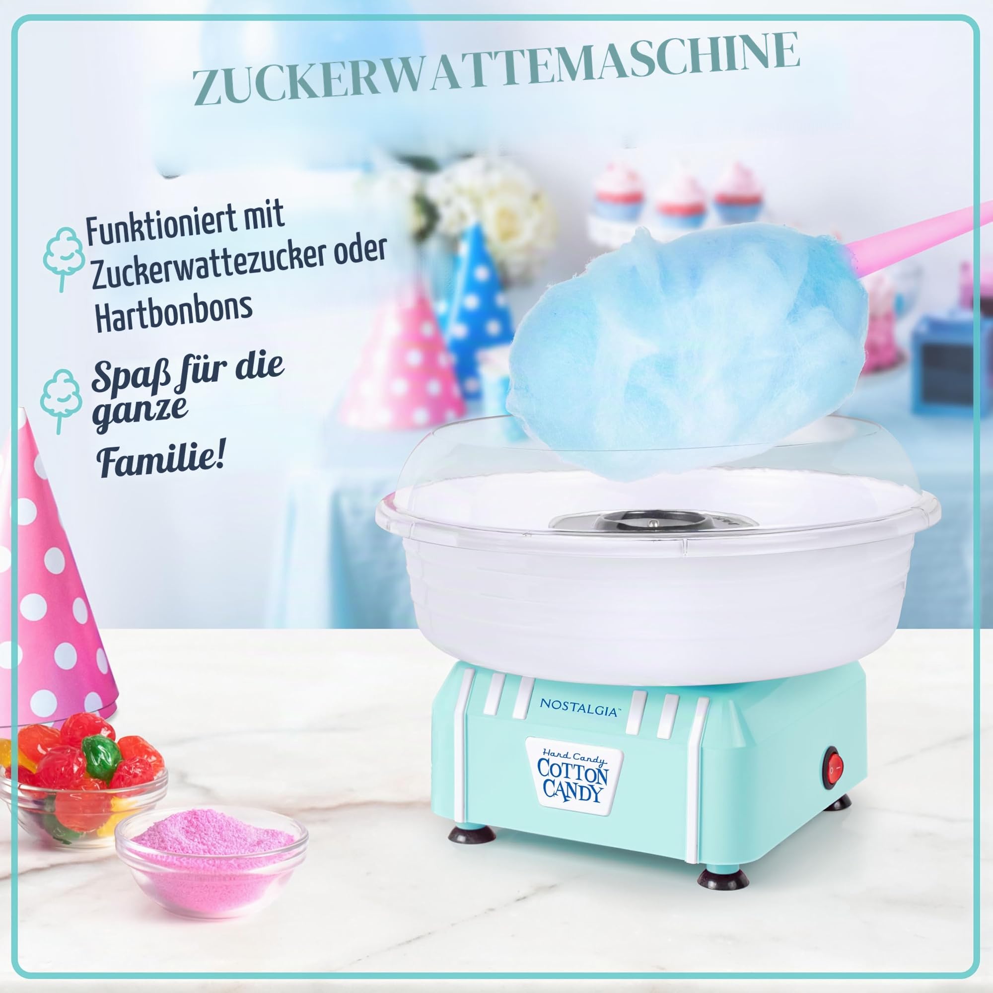 Nostalgia Zuckerwattemaschine für harte und zuckerfreie Süßigkeiten Aqua