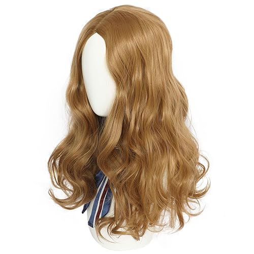 Miniatura 3 de Anogol Gorro de pelo + peluca larga ondulada marrón claro con lazo, peluca rubia fresa, peluca de parte media, peluca sintética natural de anime,