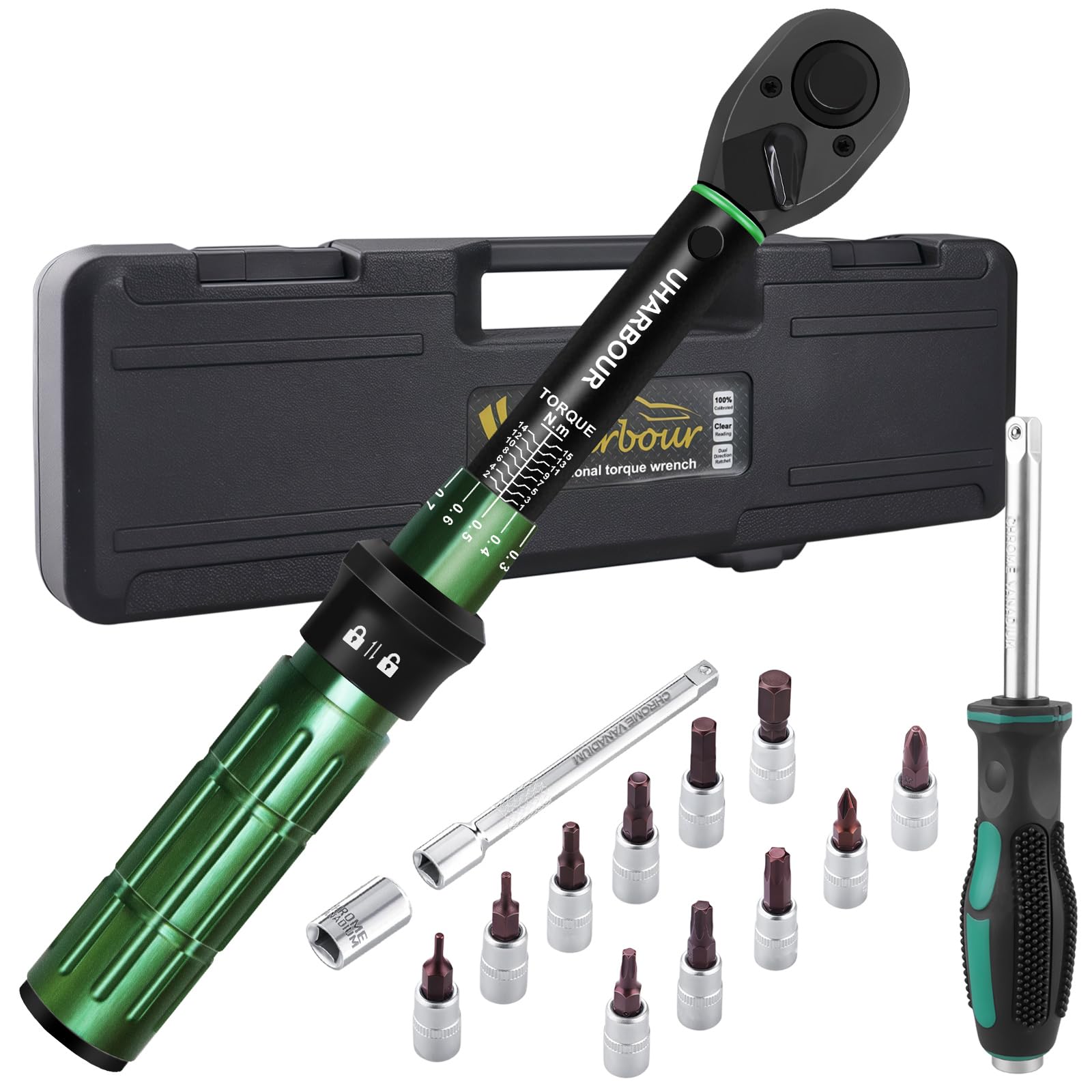 Uharbour 1/4" Torque Wrench Set, 1-15 Nm Bike Torque Wrench Set with Bits, Screwdriver Handle and Extension Rod, 72-Tooth Dual-Directional Ratchet, ±3% Accuracy & Calibration Certificate