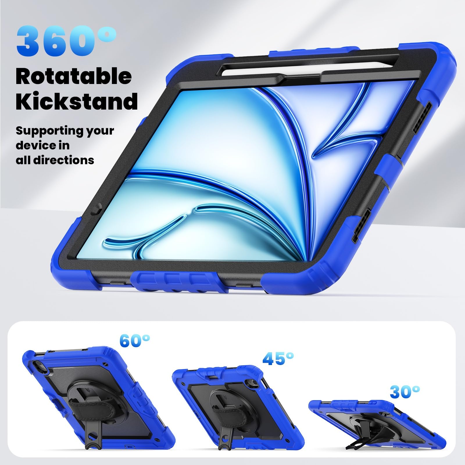 Kompatybilny z iPad Air 11 cali (M3) 2025 Etui folią ochronną ekranu, [podpórka] [pasek na ramię] Odporna wstrząsy wytrzymała obudowa Pasek rękę i pasek ramię obracany o 360°(Light blue 3)