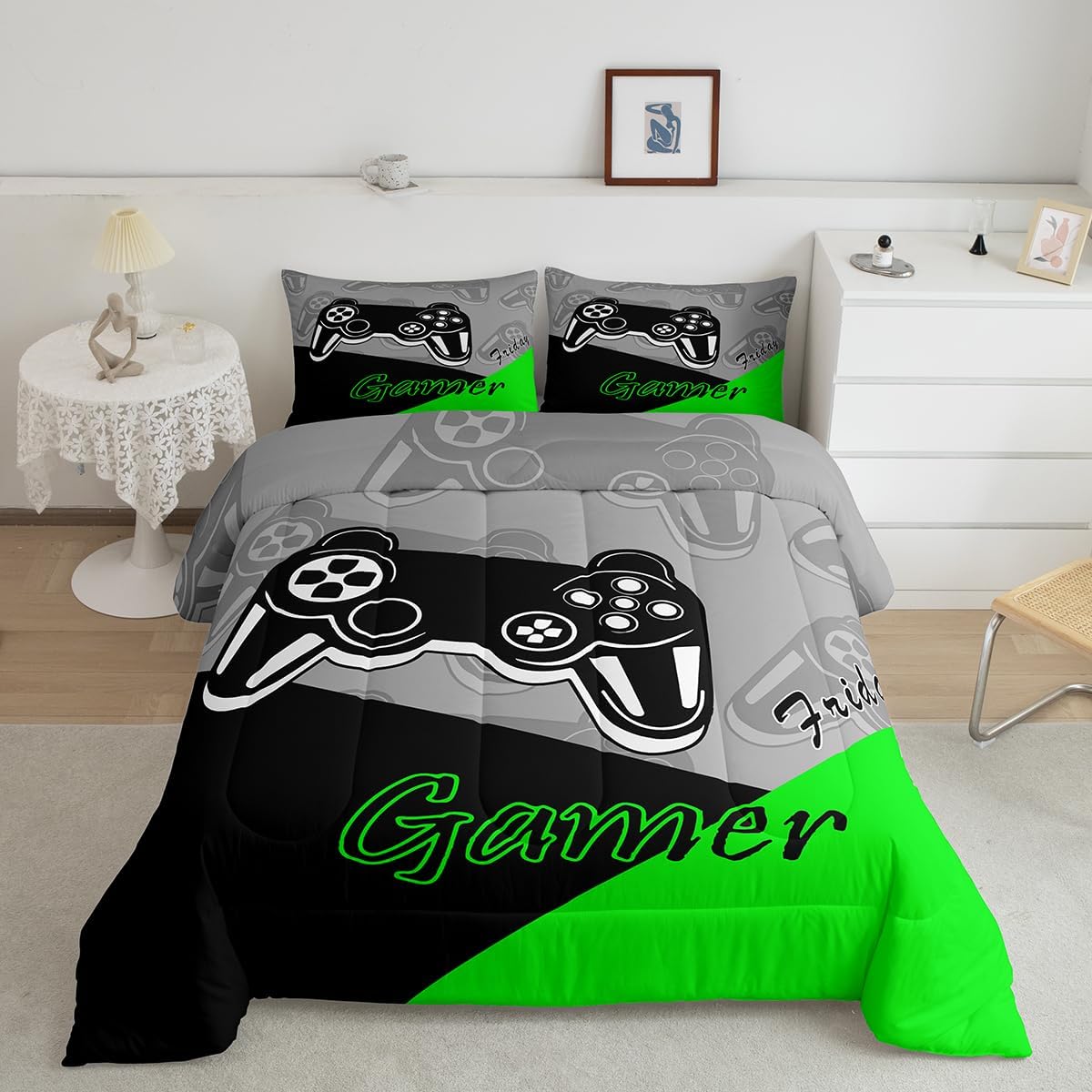Feelyou Gamer Comforter Set Gaming Bedding Set for Teens Boys Video Game Decor Comforter Game Controller Quilted Duvet Set 1 Comforter with 1 Pillowcase Twin Green