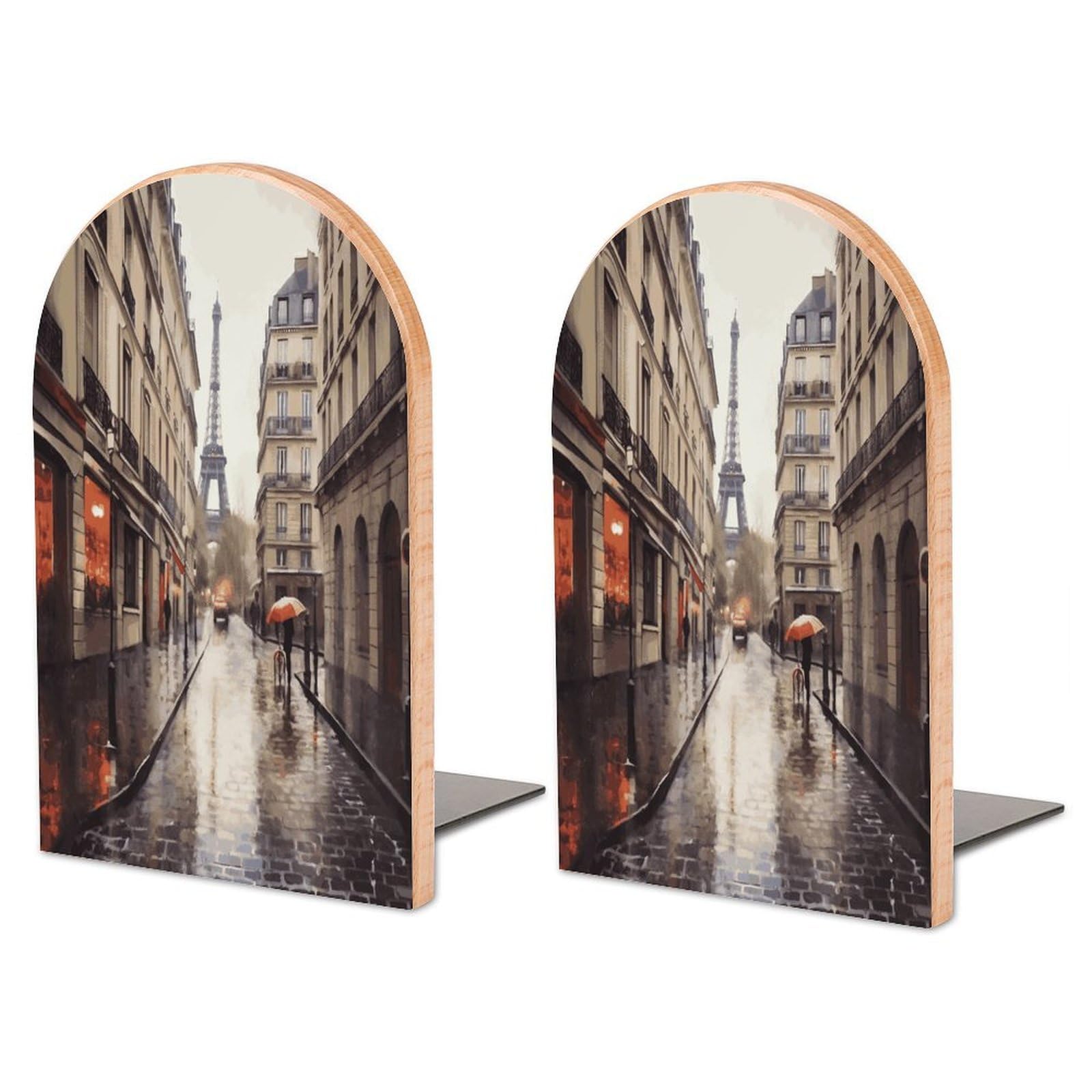 Rainy Street in Paris Bookend for Shelves Wooden Book End Large Size Sturdy Book Holders Stoppers with Metal Base for Bookshelves Slick Decorative Bookends Stands