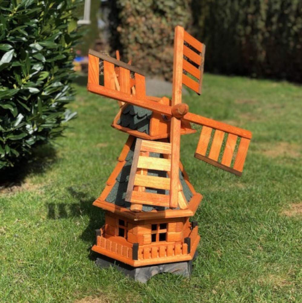 dekorative handgefertigte Garten Windmühle aus Holz kugelgelagert I imprägniert in Braun I wetterfest I Windrad hinten am Kopf I Größen (Grün L)