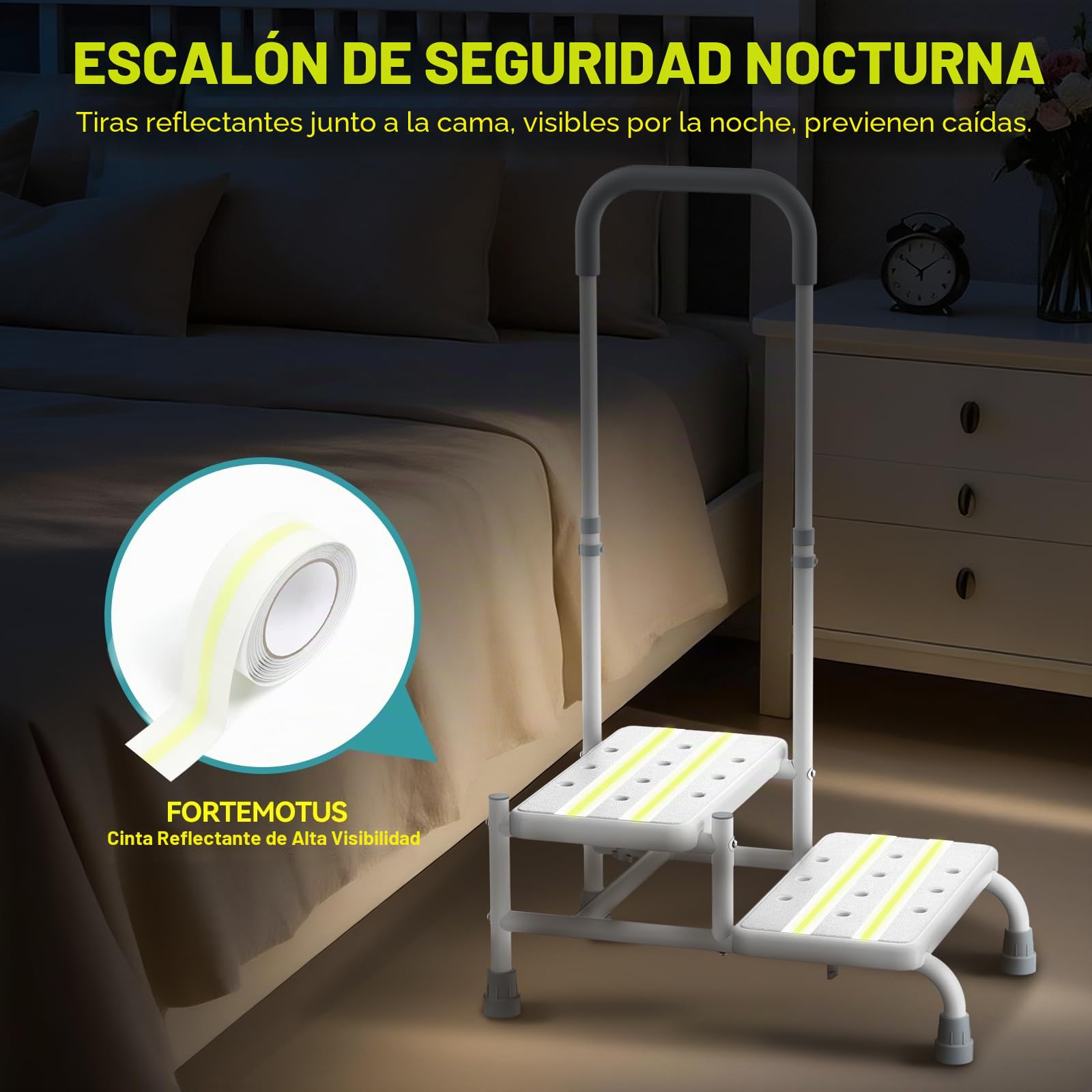 FORTEMOTUS Ayuda de Acceso Ducha del Baño - Ayuda de Entrada con Asa para Bañera Personas Mayores y Discapacitadas y 2 Escalones Ideal para Bañera, Cama y Coche, Blanco