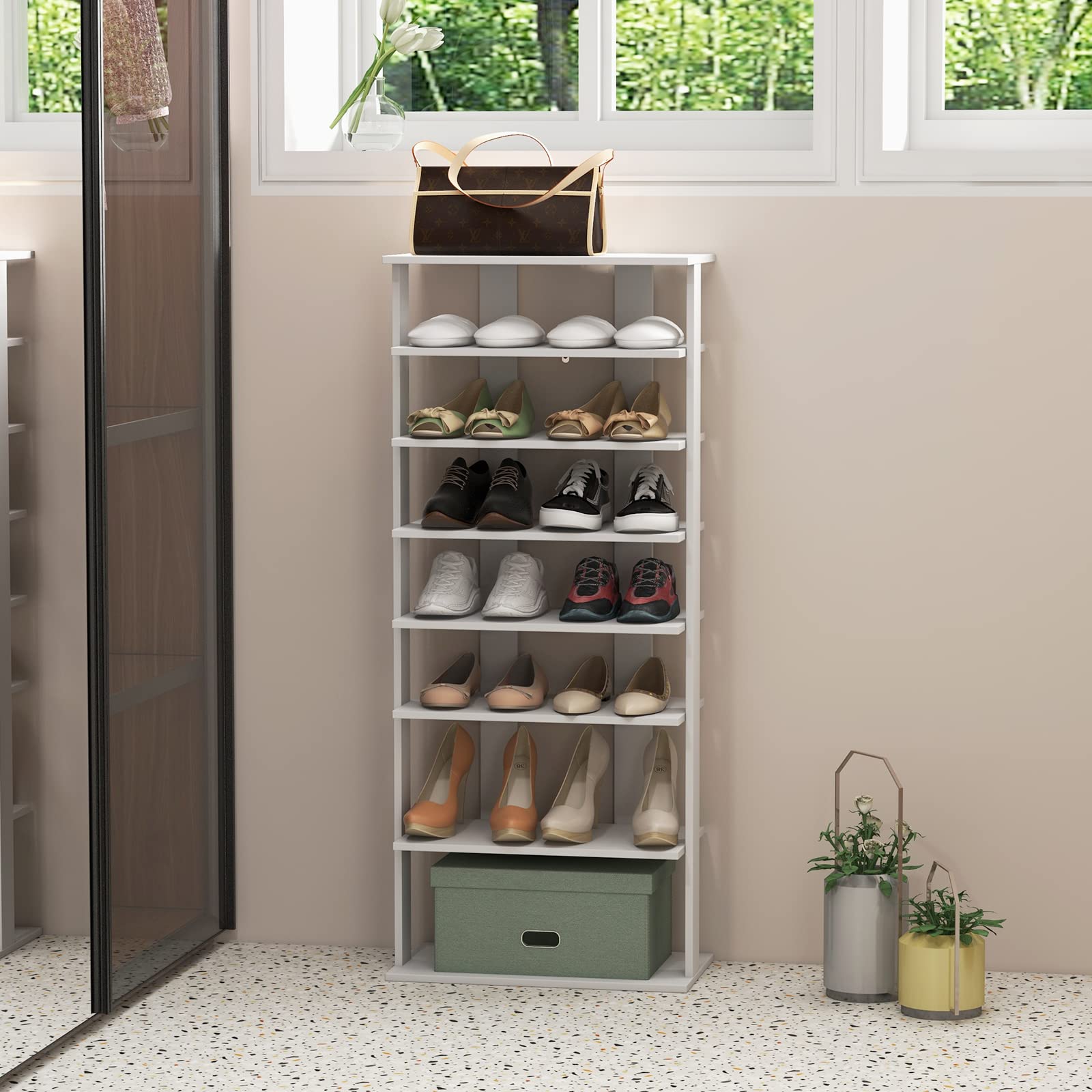 GIANTEX Schuhregal schmal und hoch, Schuhschrank Regal Holz 8 Ebenen, Schuhständer Schuhablage vertikal, Schuh-Organizer platzsparend, Holzregal Standregal Lagerregal Eckregal schmal freistehend weiß