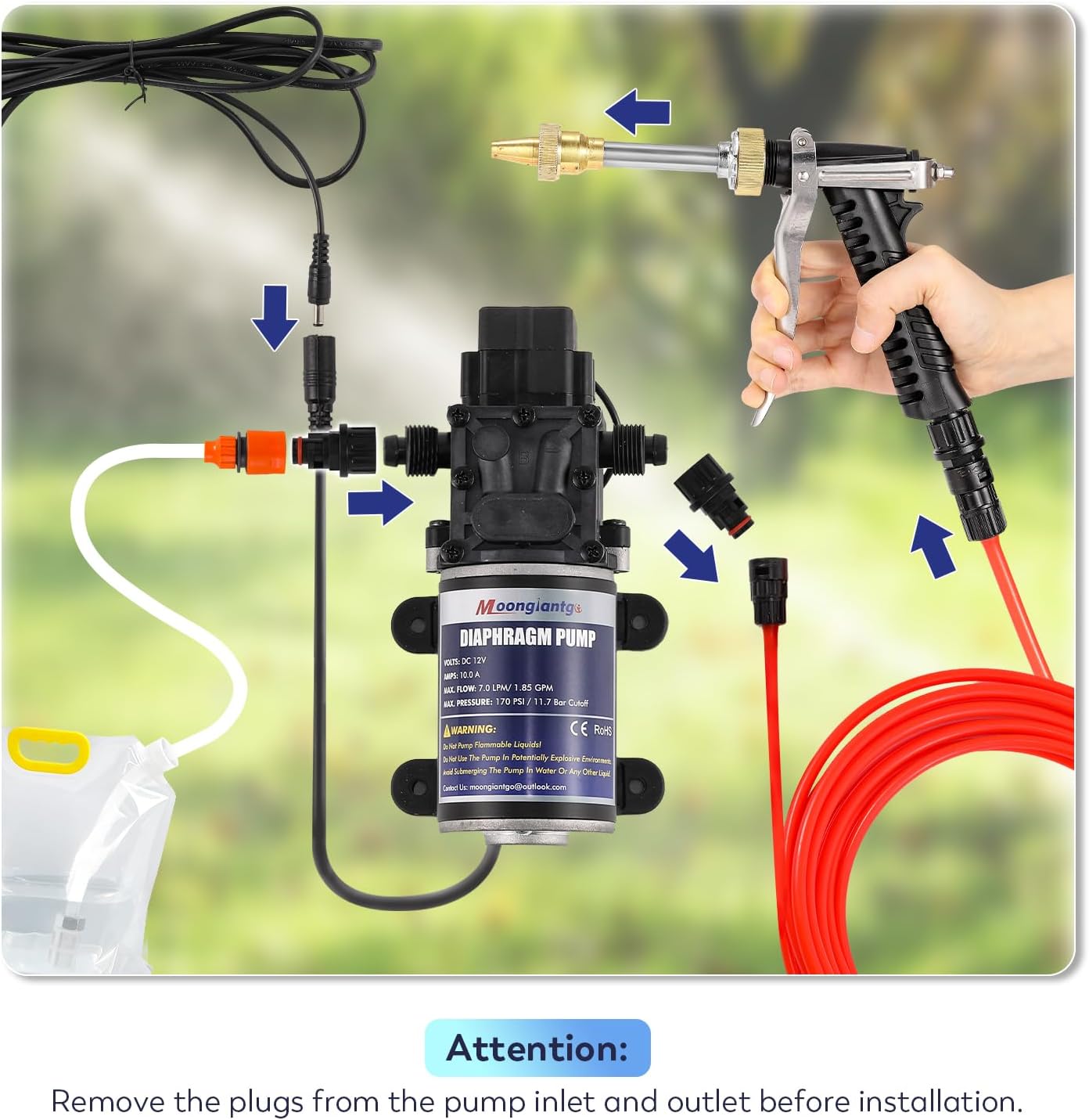 Moongiantgo Car Washer Pump Kit, 12V 170PSI 1.85GPM Boat Washdown Deck Wash Pump Kit with 19.7Ft Hose, Portable Pressure Washer for Car, Boat, RV Camping, Marine, Yacht, Home, Garden (A)