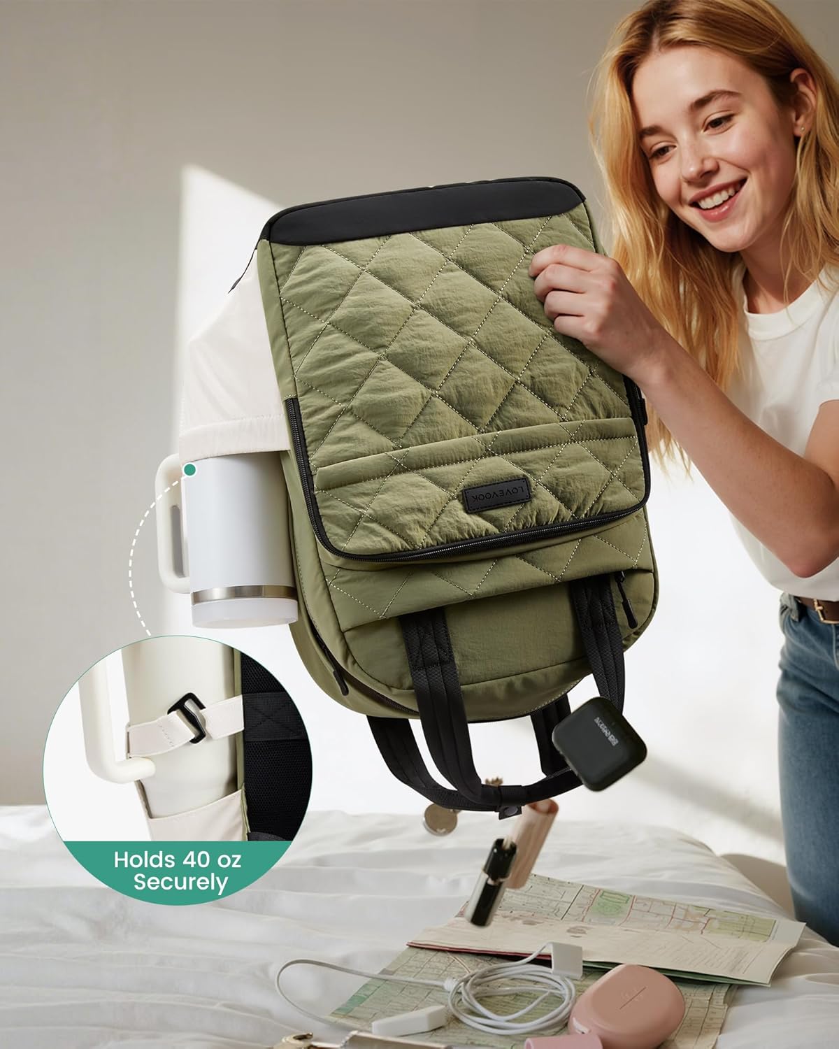 LOVEVOOK Travel Backpack for Women, 15.6 Inch Quilted laptop Backpack With Pouch Pocket for Large Capacity Cup, Large Capacity Work Bag College Bookbag, Carry On Personal Item Bag - Image 7