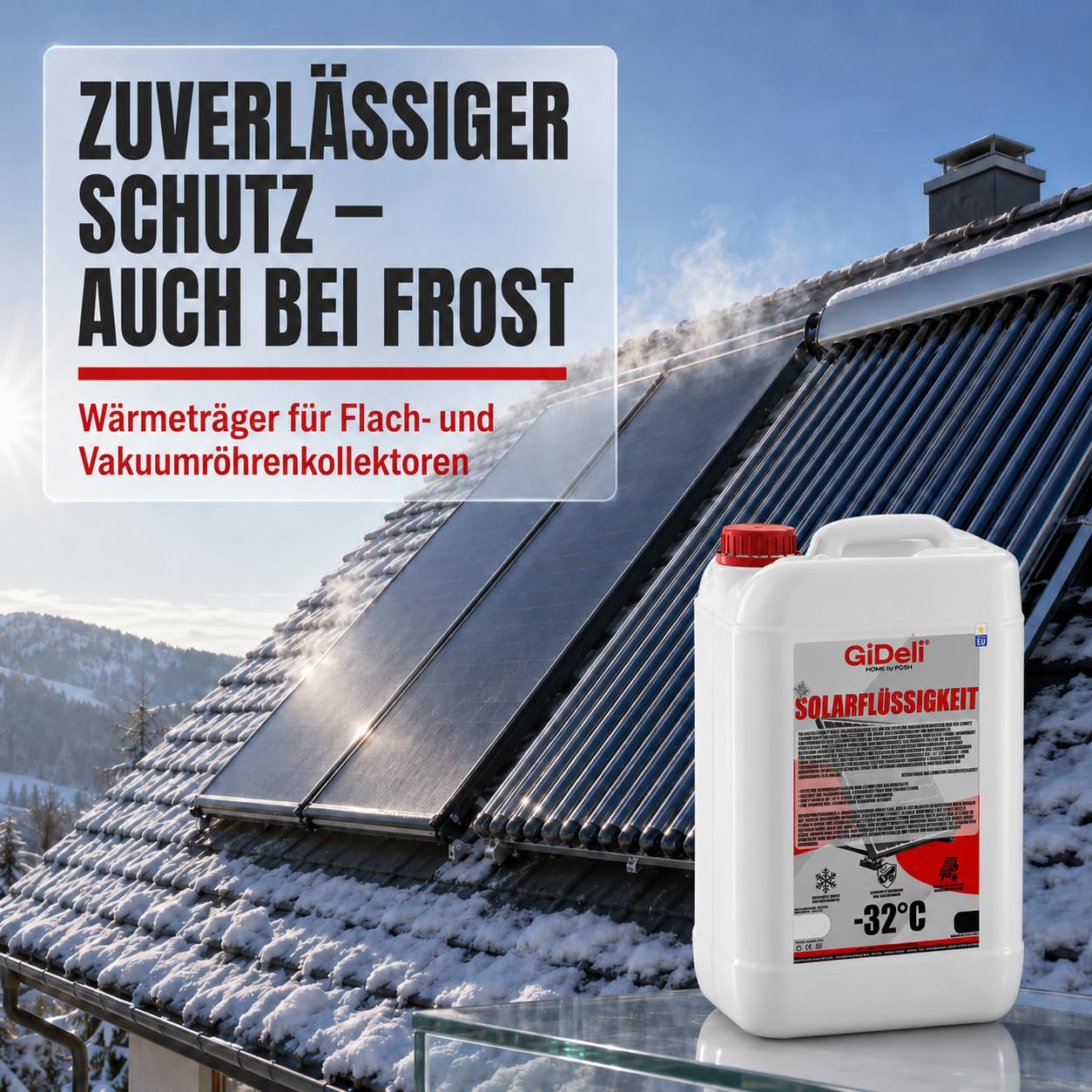 GiDeli Płyn solarny 20 l – ochrona przed zamarzaniem gotowa mieszanka do -32°C – nietoksyczny glikol propylenowy – niezawodna ochrona przed korozją – maksymalna wydajność termiczna – idealny do