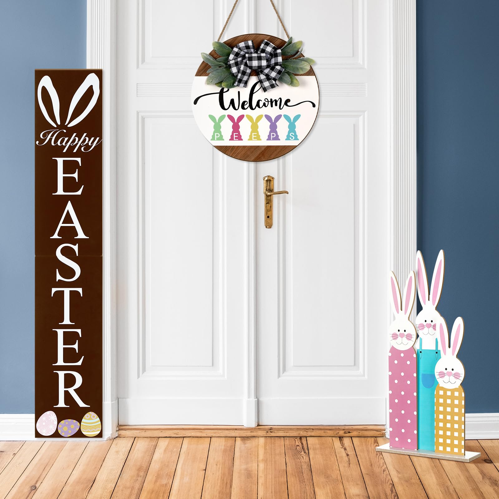 Shellwei3 Pcs Easter Wooden Front Door Decoration, Easter Bunny Standing Porch Sign, Rabbit Door Decoration Wooden Wreath Sign, Easter Vertical Porch Sign for Porch Window Wall Farmhouse Decoration