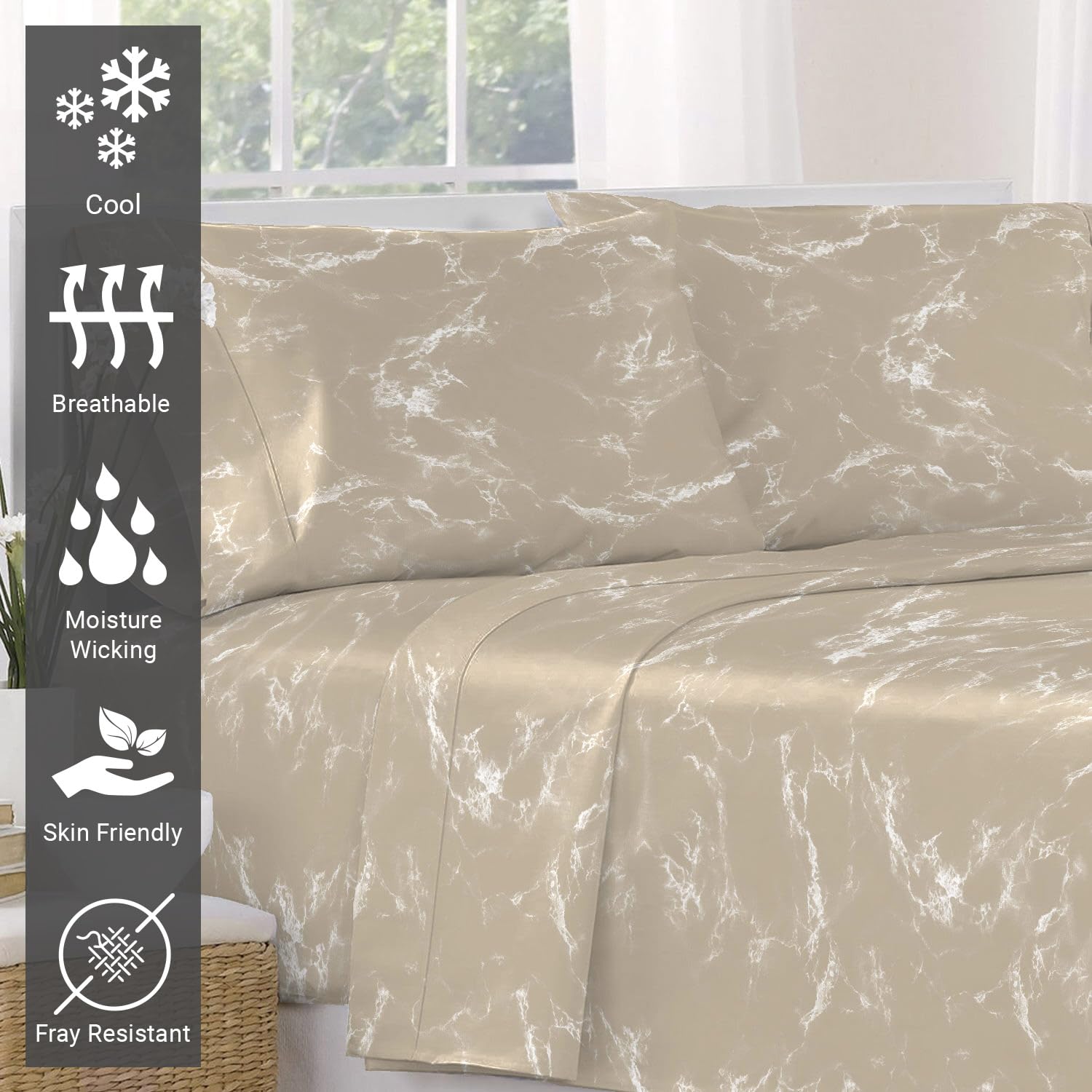 Pizuna Cotton Marble Taupe Print King Size Flat Sheets 1 Pc - Image 2