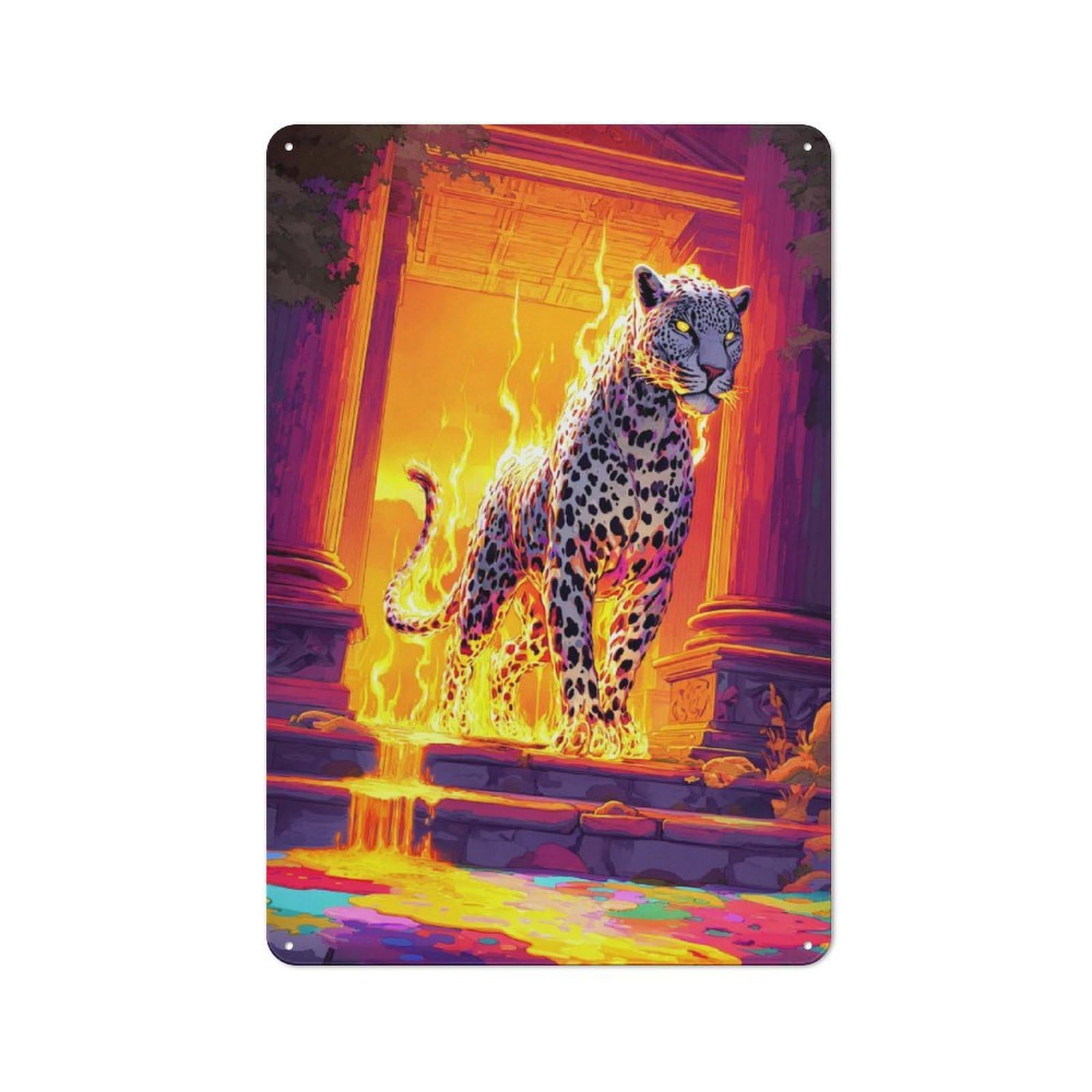Junmoney Flaming Leopard In Ancient Ruins Vintage Metal Wall Art Sign 30X20cm Featuring Old Style Wall Plaque For Kitchen, Hallway, Bar Or Small Cafe