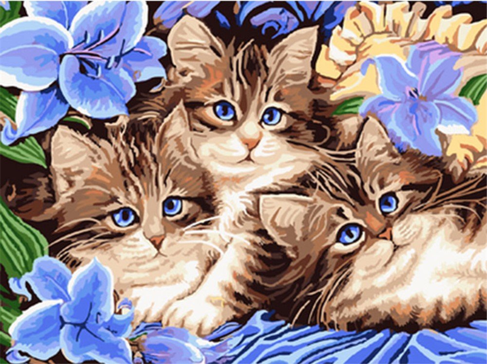ABEUTY DIY Paint by Numbers for Adults Beginner - Three Cute Cat Blue Flower 16x20 inches Number Painting Anti Stress Toys (Wooden Framed) — image 1
