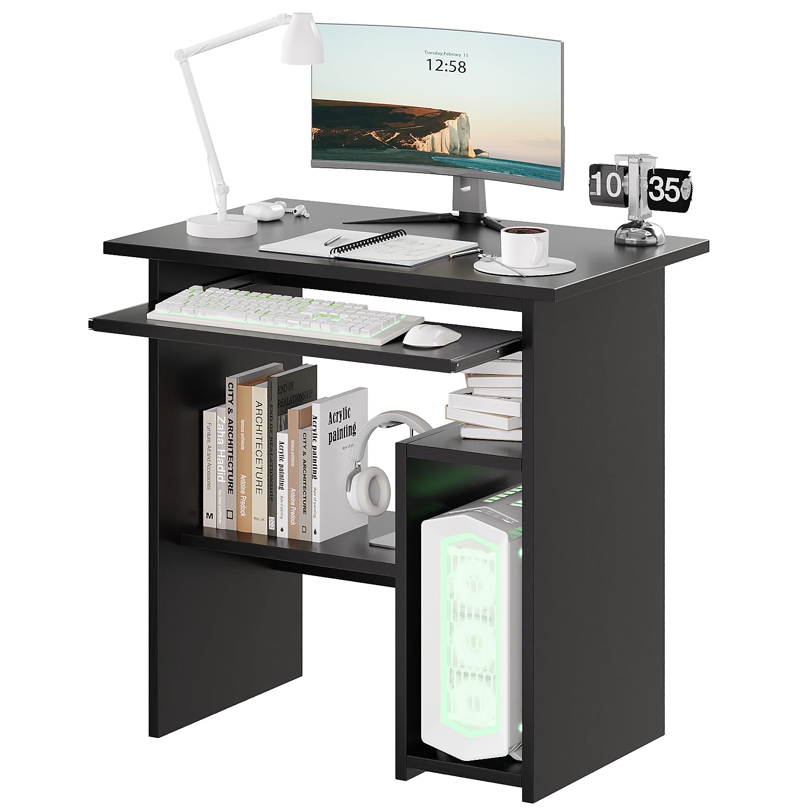 ALISENED Home Office Computer Desk with Monitor Stand Keyboard Tray, 29.5 Inch Study Writing Desk Small PC Laptop Table with Storage Shelves, Modern Workstation for Small Spaces Save Space (Black B)