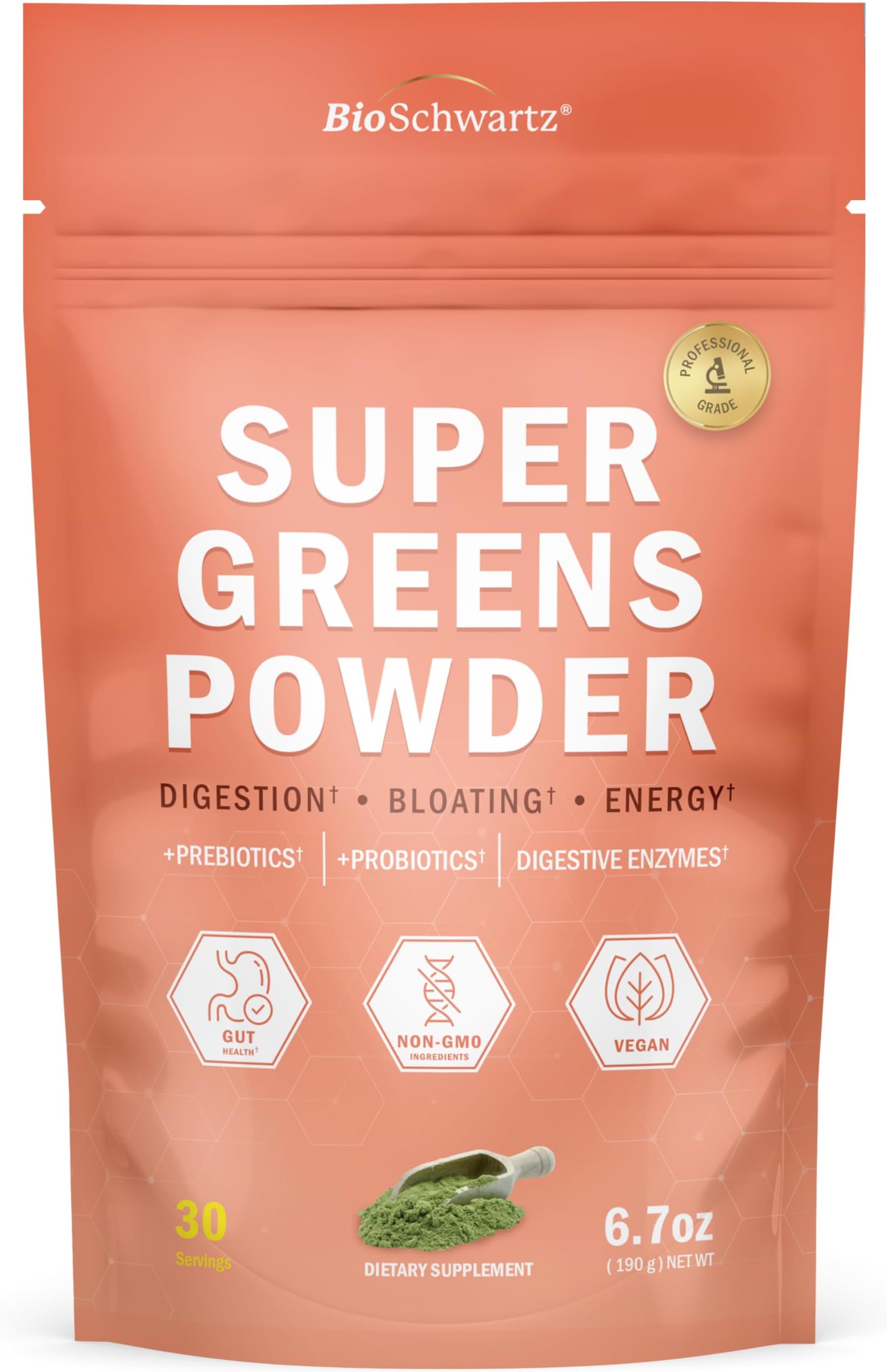 Super Greens Powder with Probiotics, Prebiotics, Digestive Enzymes | 43 Green Superfoods - Chlorophyll, Bilberry, Chlorella, Spirulina - Delicious Flavor - BioSchwartz, Non-GMO, 30 Servings
