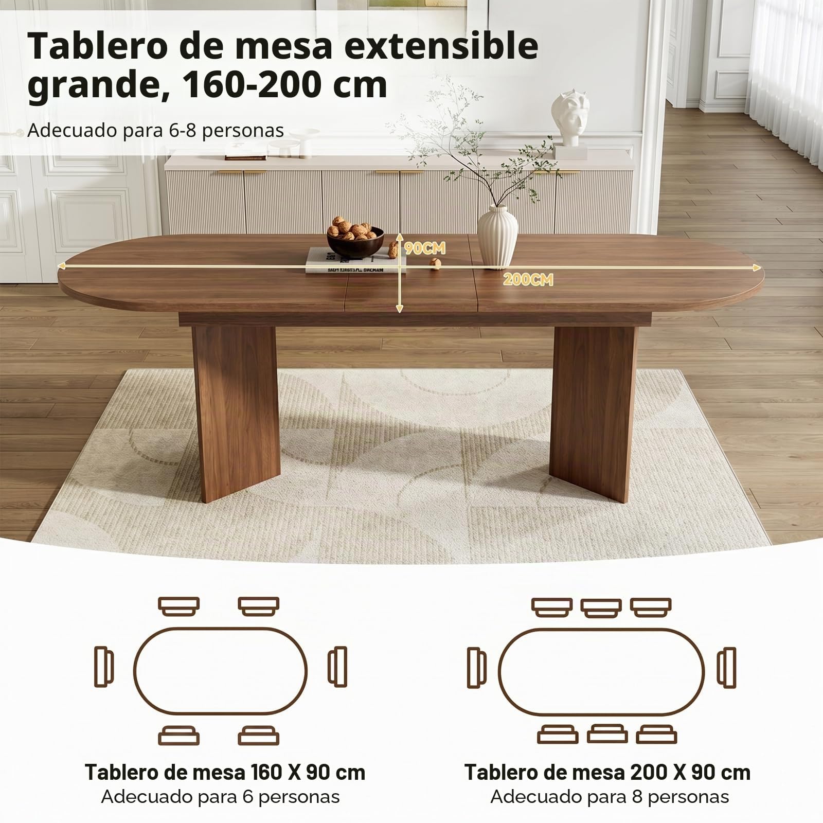 Mesa de Comedor Extensible Ovalada, 160/200 x 90 cm, Mesa de Comedor de Estilo Simple, Mesa de Cocina para 6-8 Personas, Tapa Gruesa, Esquinas Redondeadas, Color Nogal