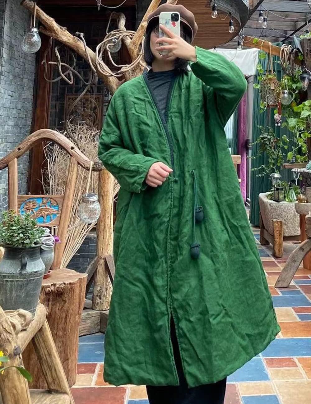 NFYM Women's Trench Coat Linen Cotton Quilted Open Front Wrap One Button Cardigan Loose Outwear Jacket