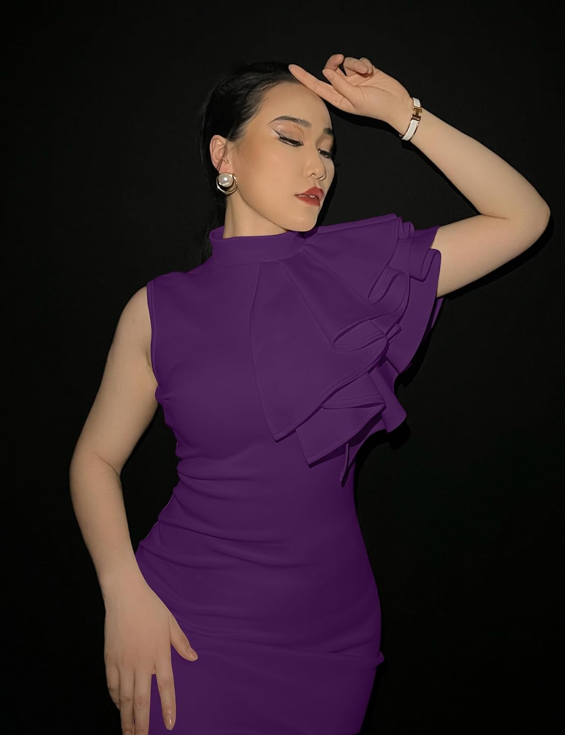 Memoriesea Women's Ruffle Sleeveless Bodycon Knee Length Party Pencil Midi Dress - Image 3