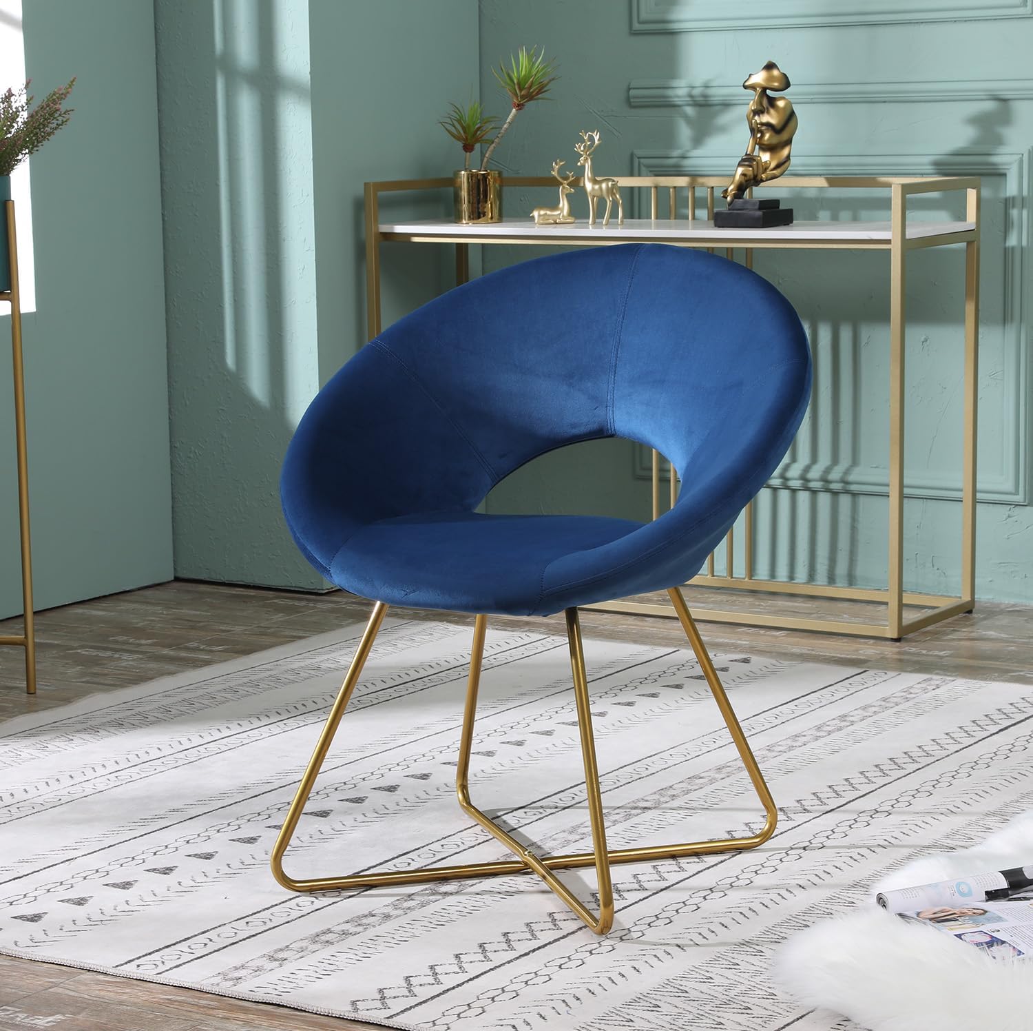 Blue Silky Velvet Upholstered Accent Chair with Gold Tone Finished Base,Casual Lounge Chair Home Office Chairs Living Room Furniture