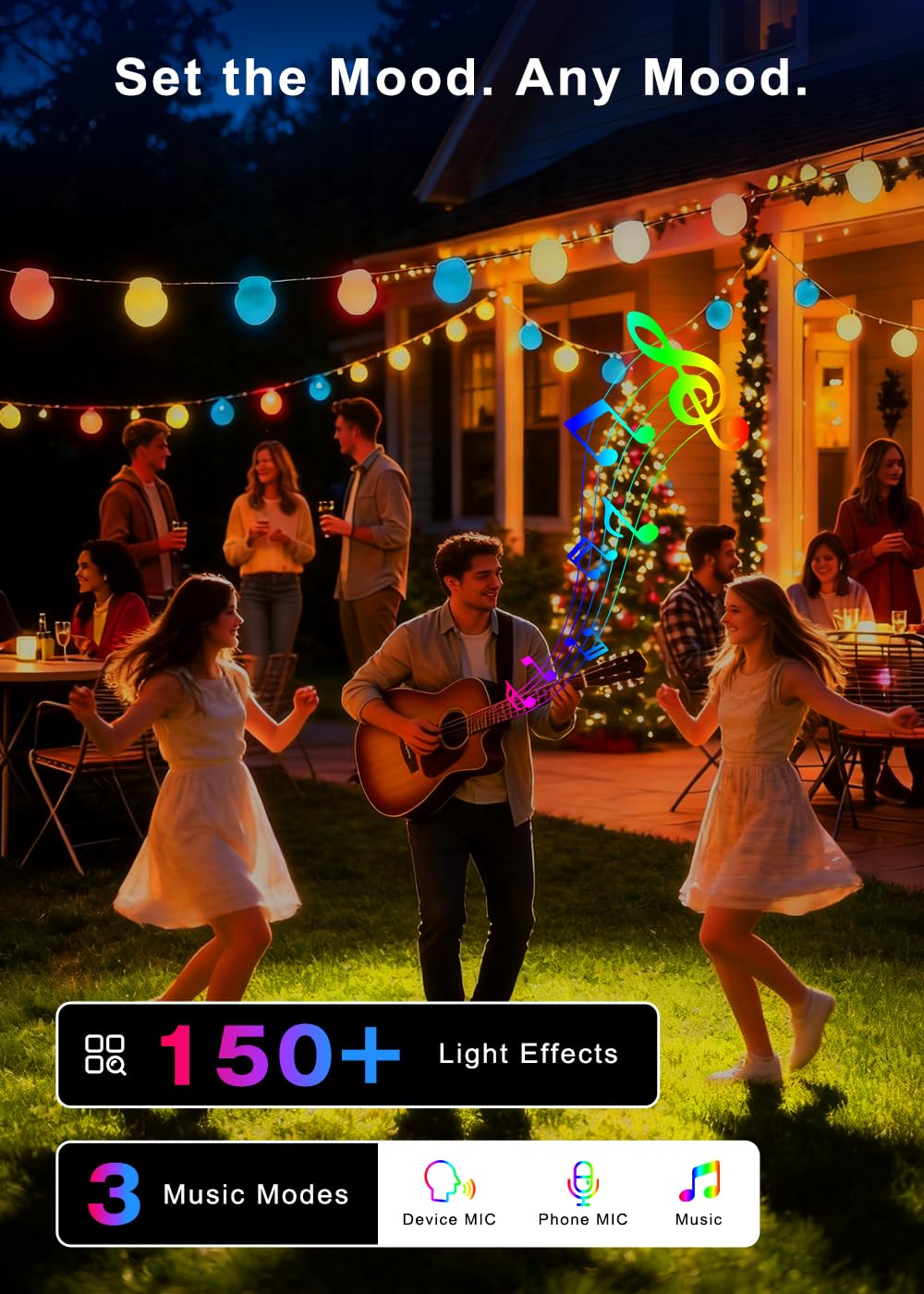 RGBIC - Catena luminosa a LED per esterni, a energia solare, 10 m, con 16 modalità di scena, dimmerabile, funziona con telecomando APP, illuminazione per giardino, balcone, gazebo, terrazza, feste