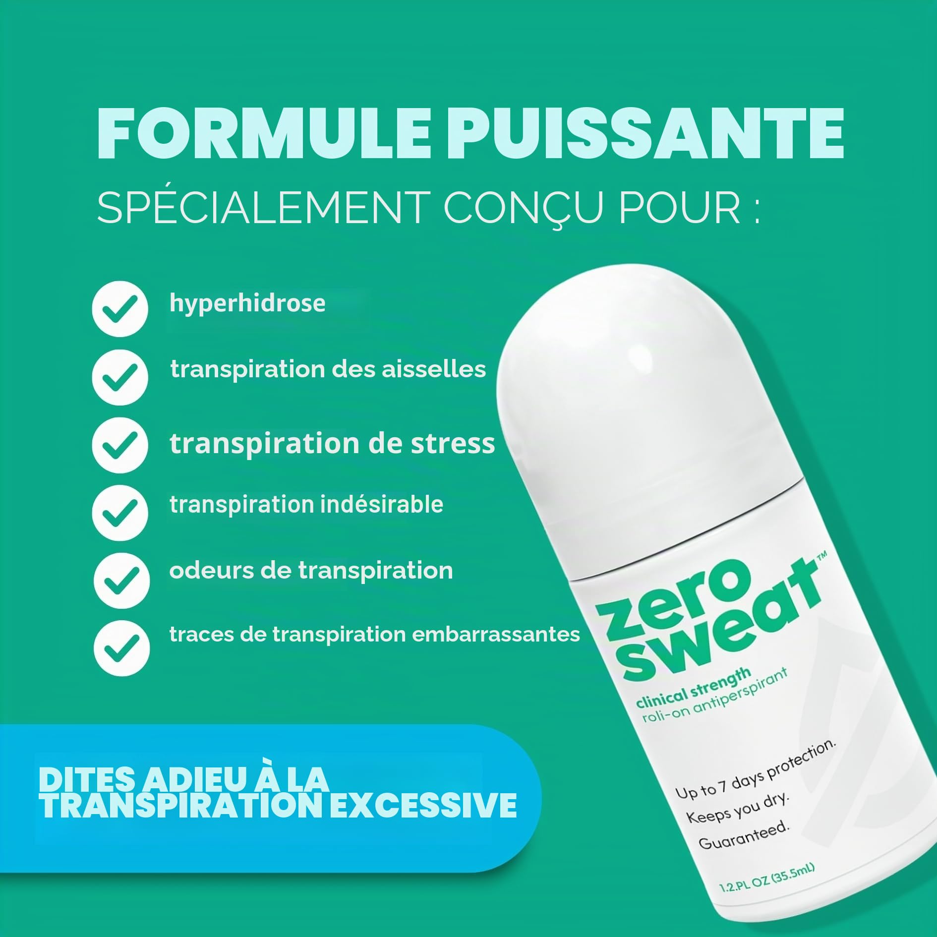 ZeroSweat Déodorant antitranspirant, traitement de l'hyperhidrose de force clinique, empêche la transpiration des aisselles