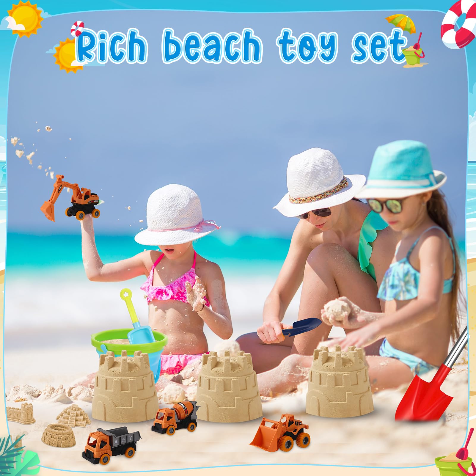 Beach Toys Sandspielzeug, 36 Teile mit 4 Baufahrzeugen, faltbarer Strandeimer, 2 Schlosswürfel, 1 Stück, Sandburg, Schaufelset
