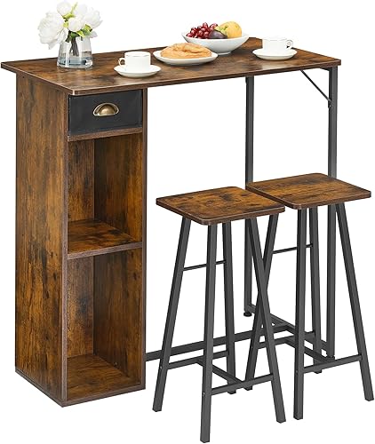 Juego de mesa de comedor de 3 piezas para 2, mesa de comedor de altura de mostrador con estantes de almacenamiento y 2 taburetes, muebles de cocina