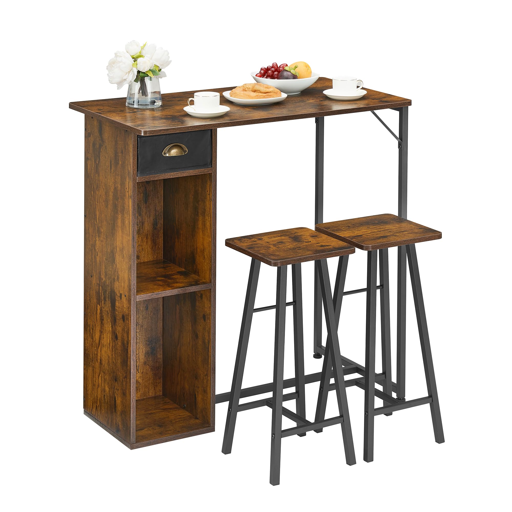 Garvee 3-teiliges Bartisch-Set, Esstischgruppe für 2 Personen, Tisch mit Metallgestell und Schublade, inklusive 2 Stehhockern und 2 Ablageflächen