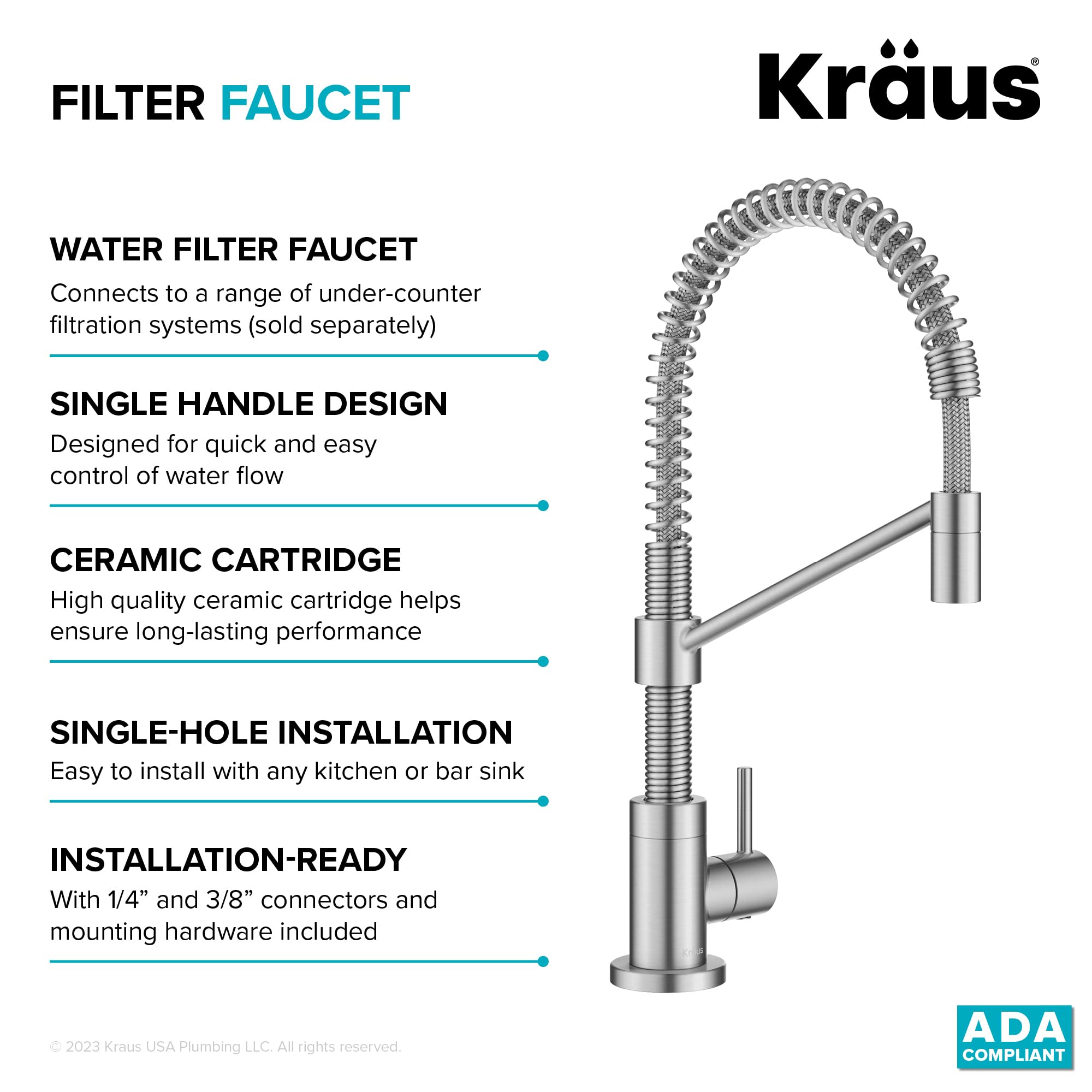 KRAUS Bolden FF-104SFS - Grifo de filtro de agua potable monomando para ósmosis inversa o sistema de filtración de agua en acero inoxidable sin manchas