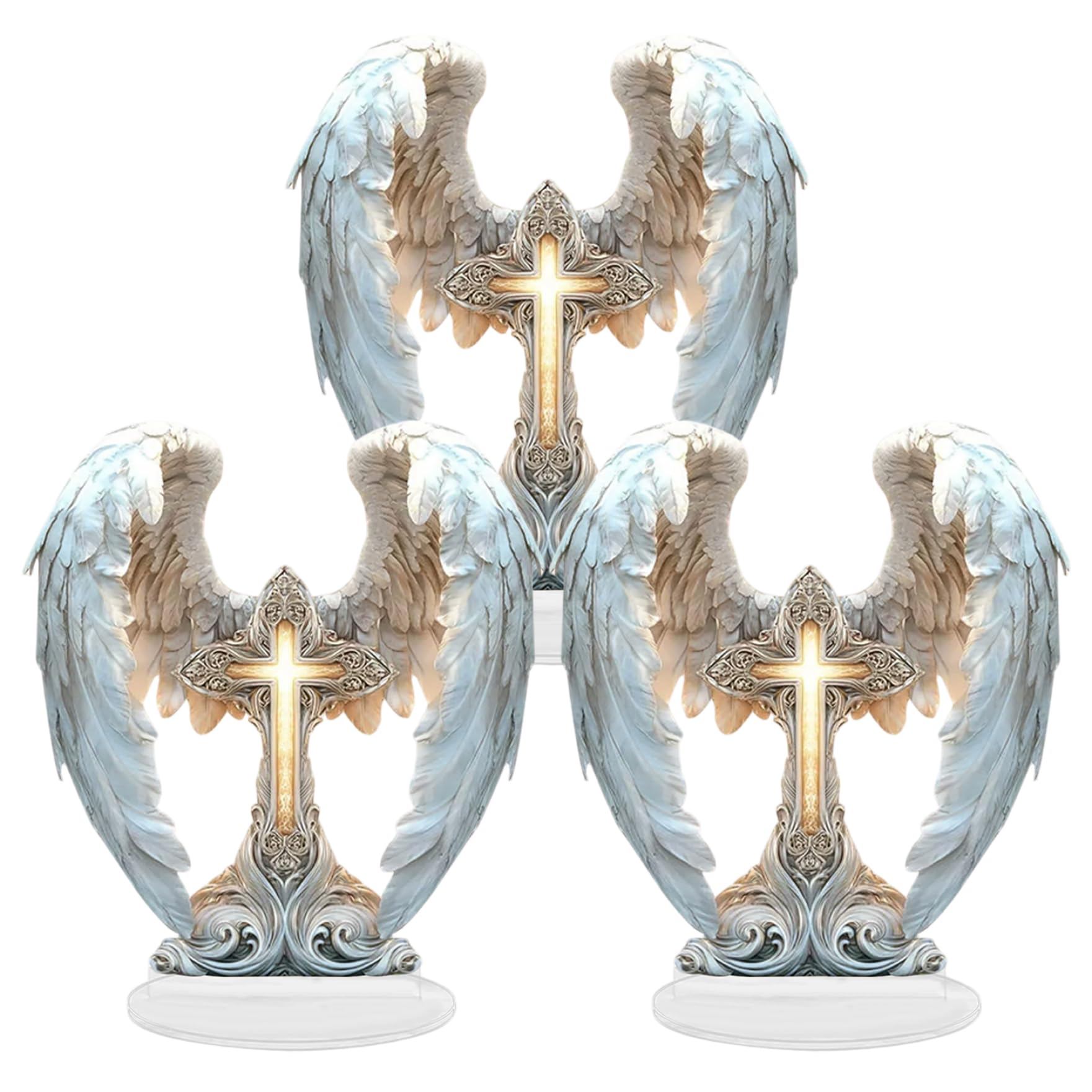 Croix ailes d'ange en acrylique 2D lot de 3 décorations 19x21 cm