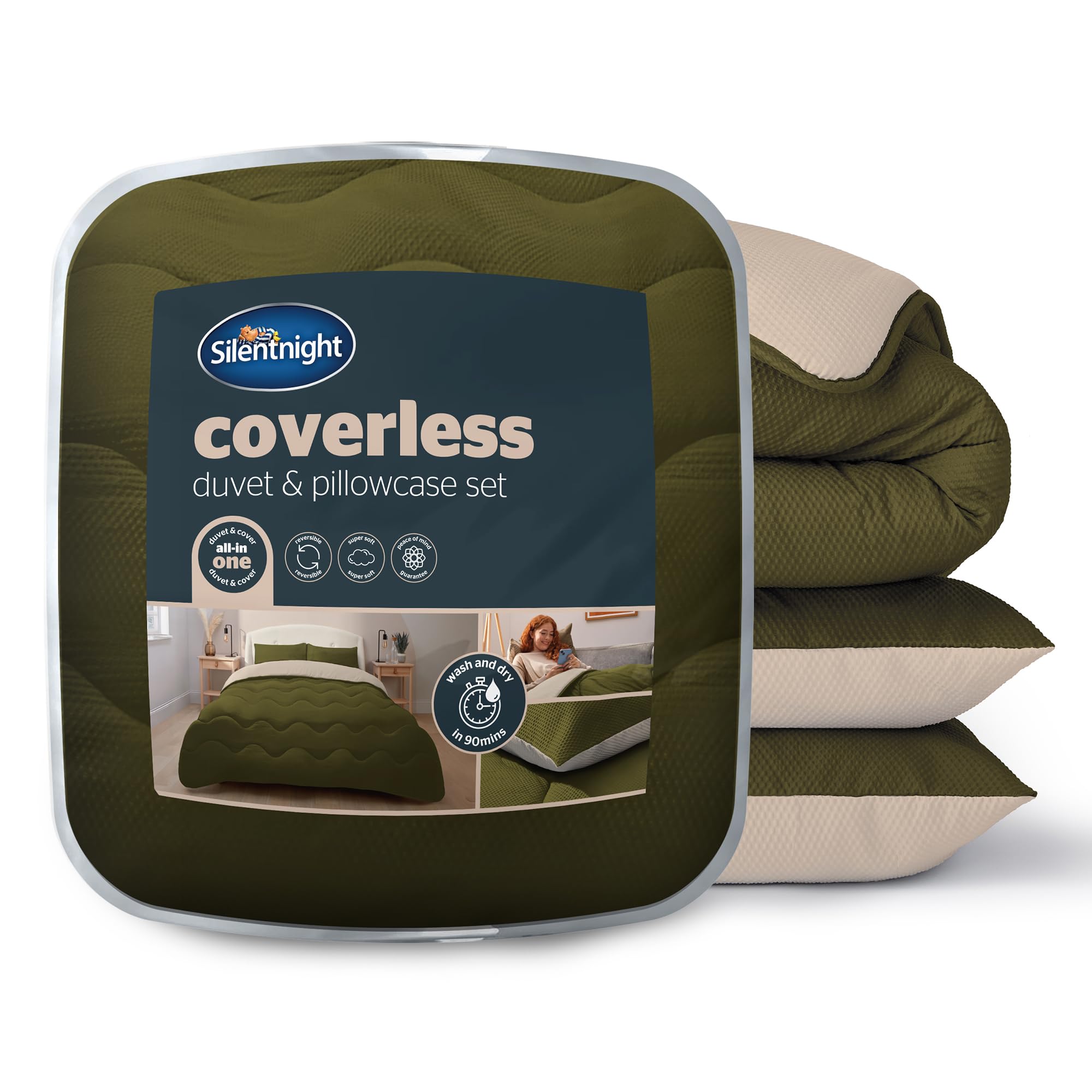 Silentnight Coverless Seersucker Duvet & Pillowcase Set - Soft Stylish 10.5 Tog Two Reversible Colours Bed Quilt - All Year Round Comfort No Cover Needed, Olive & Natural, Single